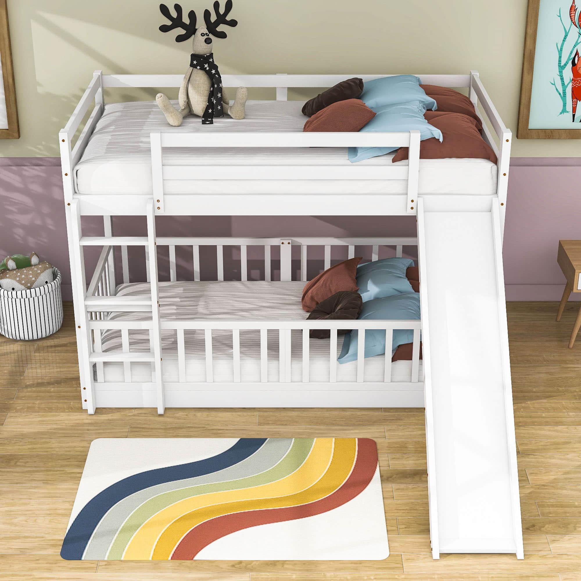 Wooden Twin Over Twin Low Bunk Beds with Slide for Kids, Toddler - [Floor]