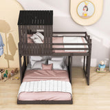 Fun Wooden L-Shaped Twin Over Full House Bunk Beds for Kids - [Low to Floor]