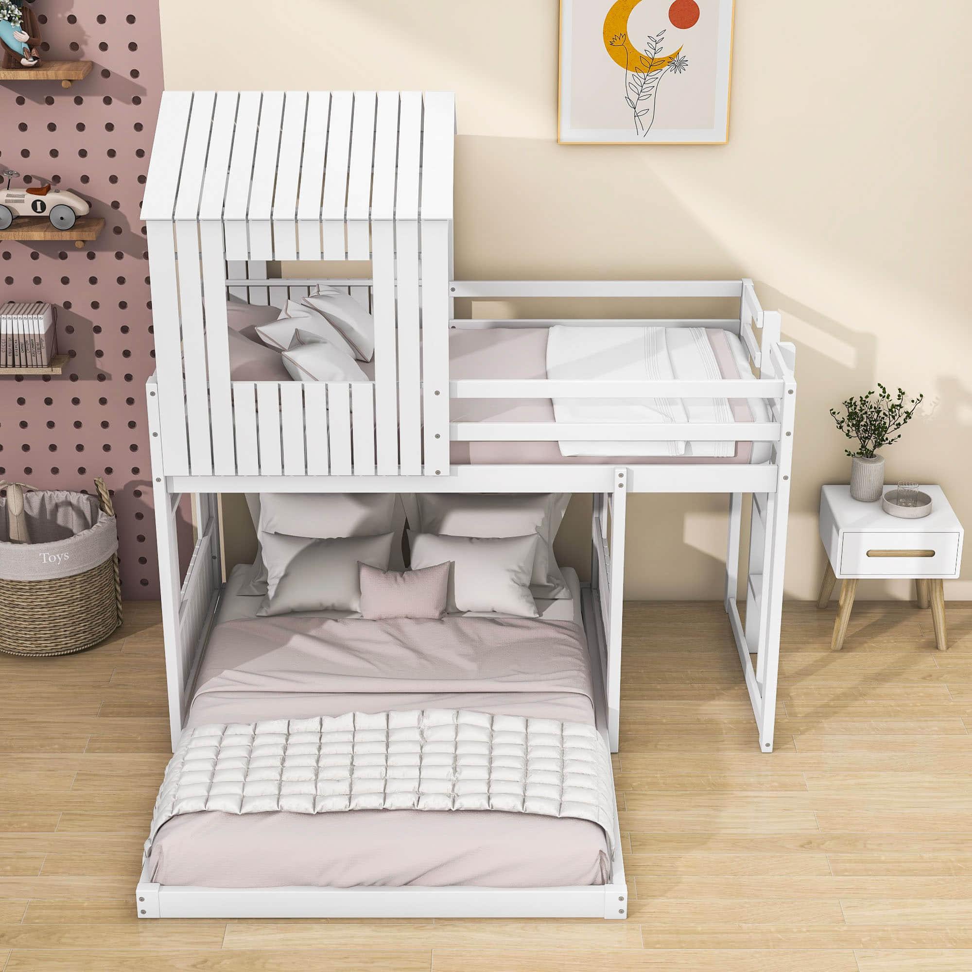 Fun Wooden L-Shaped Twin Over Full House Bunk Beds for Kids - [Low to Floor]