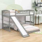 Montessori L-Shaped Twin Over Twin Floor Bunk Bed with Slide and Ladder - [Wooden]