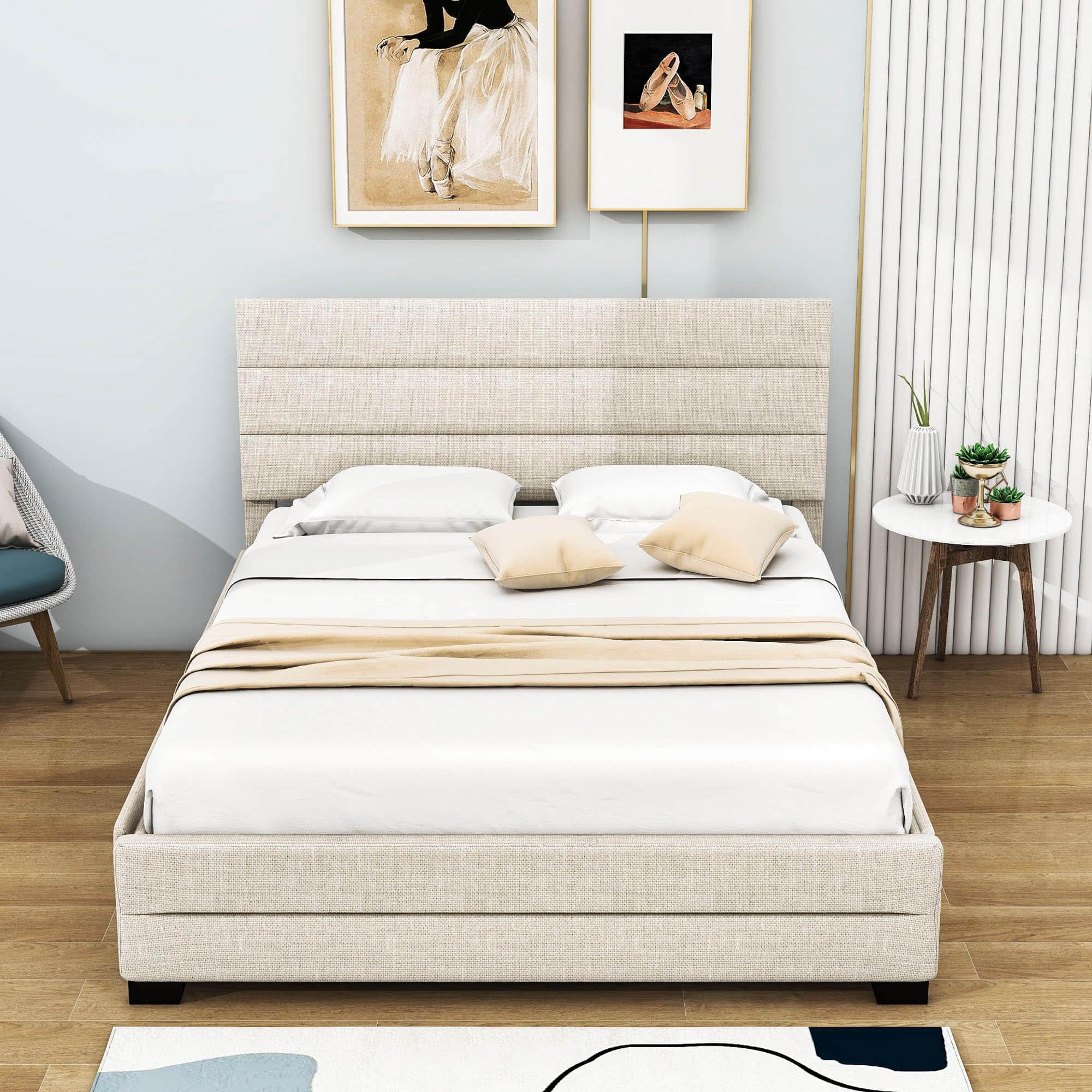 Queen Size Upholstered Platform Bed with Twin Trundle and Drawers - [Headboard]