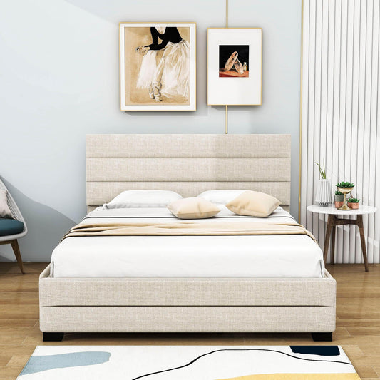 Queen Size Upholstered Platform Bed with Twin Trundle and Drawers - [Headboard]