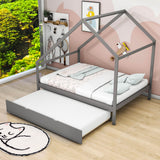 Full Size Scandinavian Low House Bed With Twin Trundle For Kids - [Wood]