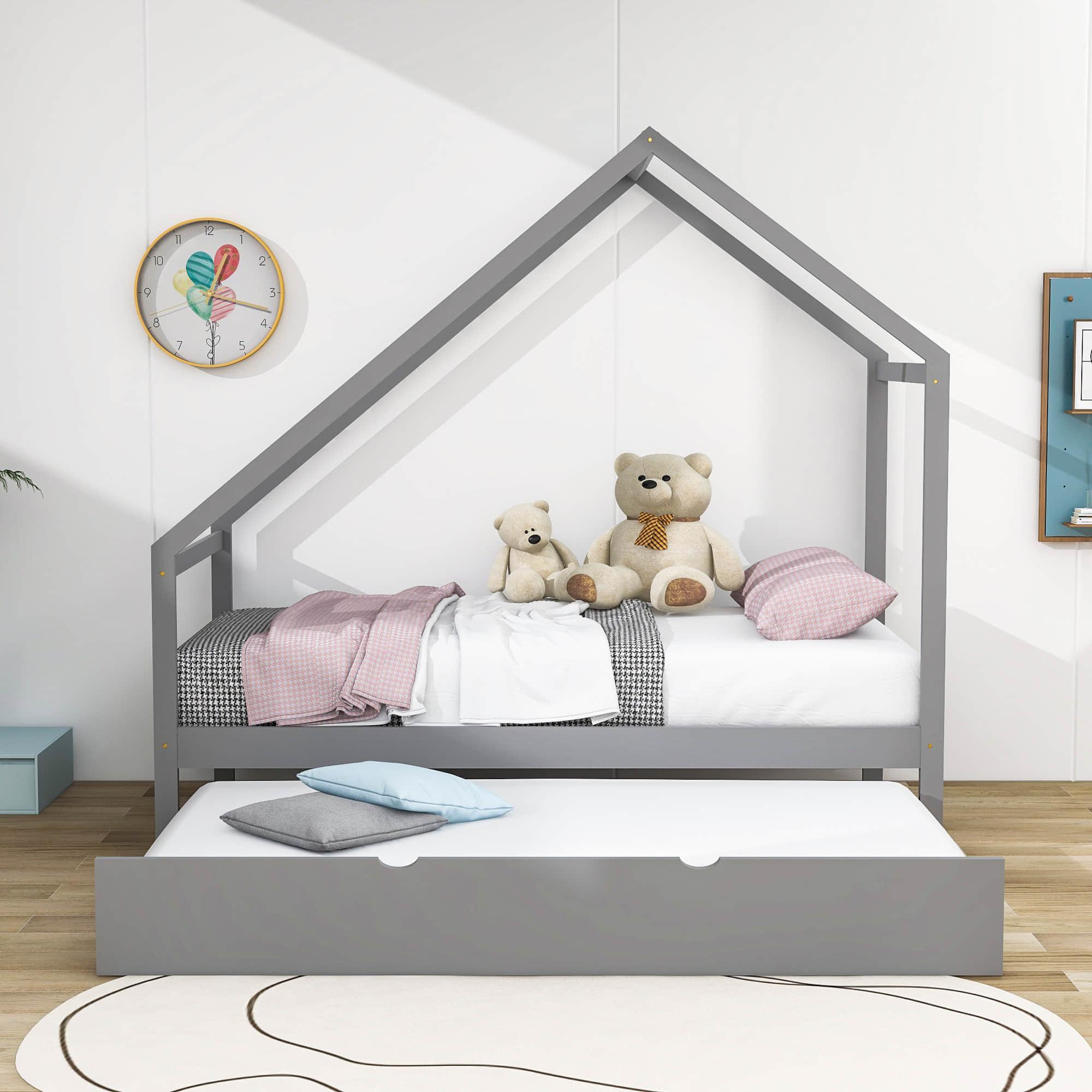 Twin Size Scandinavian Low House Bed With Twin Trundle for Kids - [Wood]