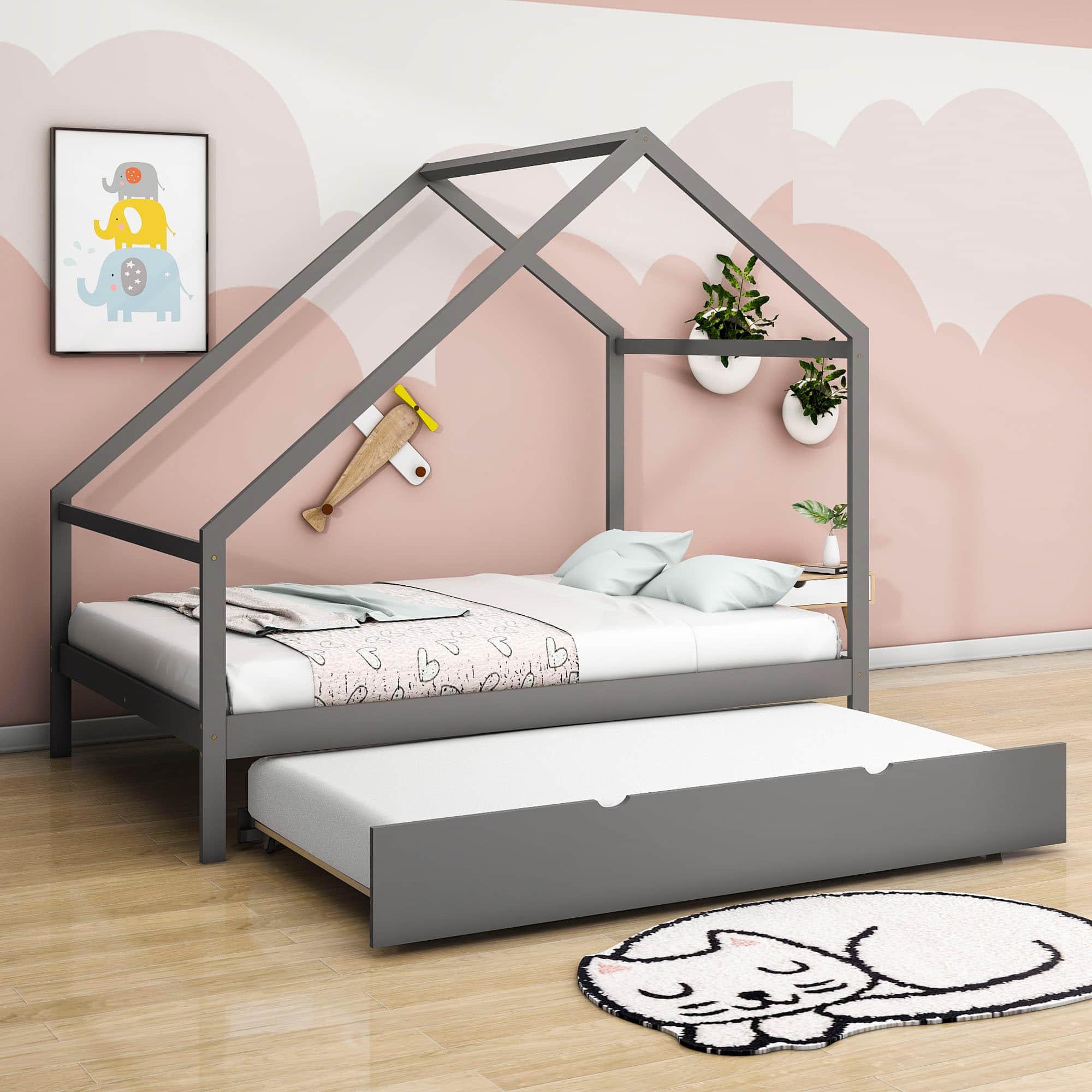 Full Size Scandinavian Low House Bed With Twin Trundle For Kids - [Wood]