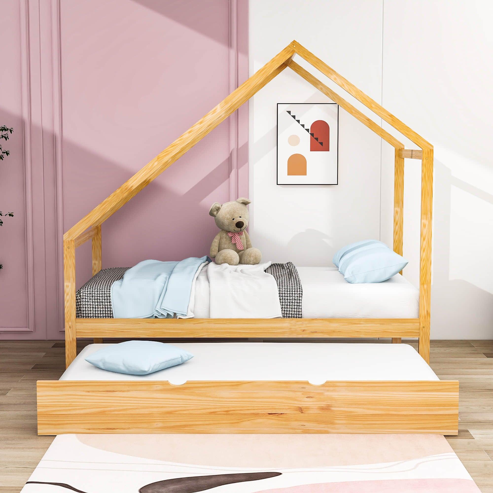 Twin Size Scandinavian Low House Bed With Twin Trundle for Kids - [Wood]