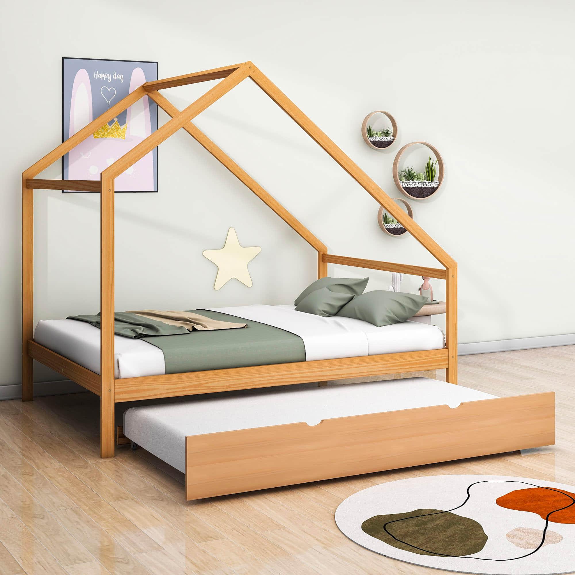 Full Size Scandinavian Low House Bed With Twin Trundle For Kids - [Wood]