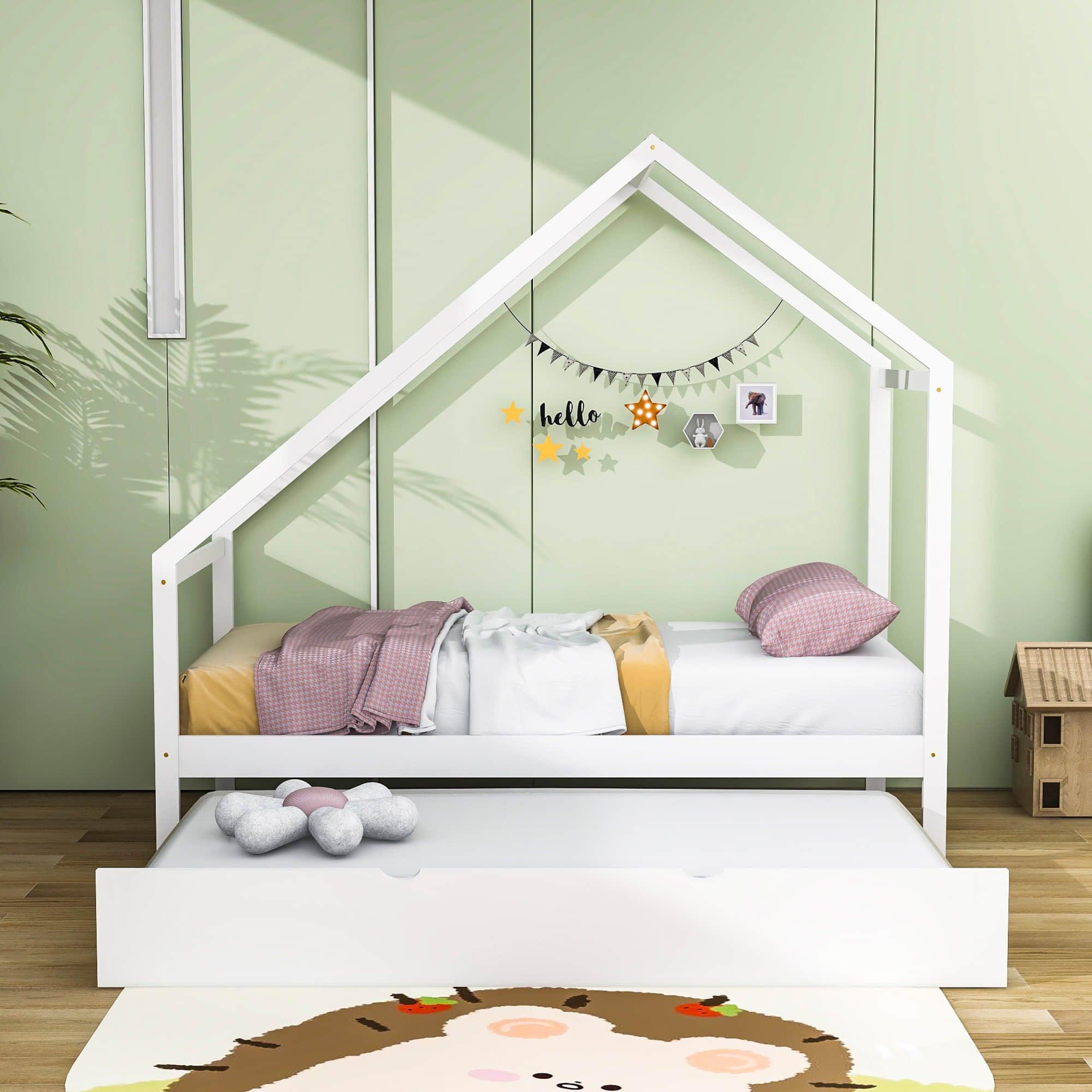 Twin Size Scandinavian Low House Bed With Twin Trundle for Kids - [Wood]