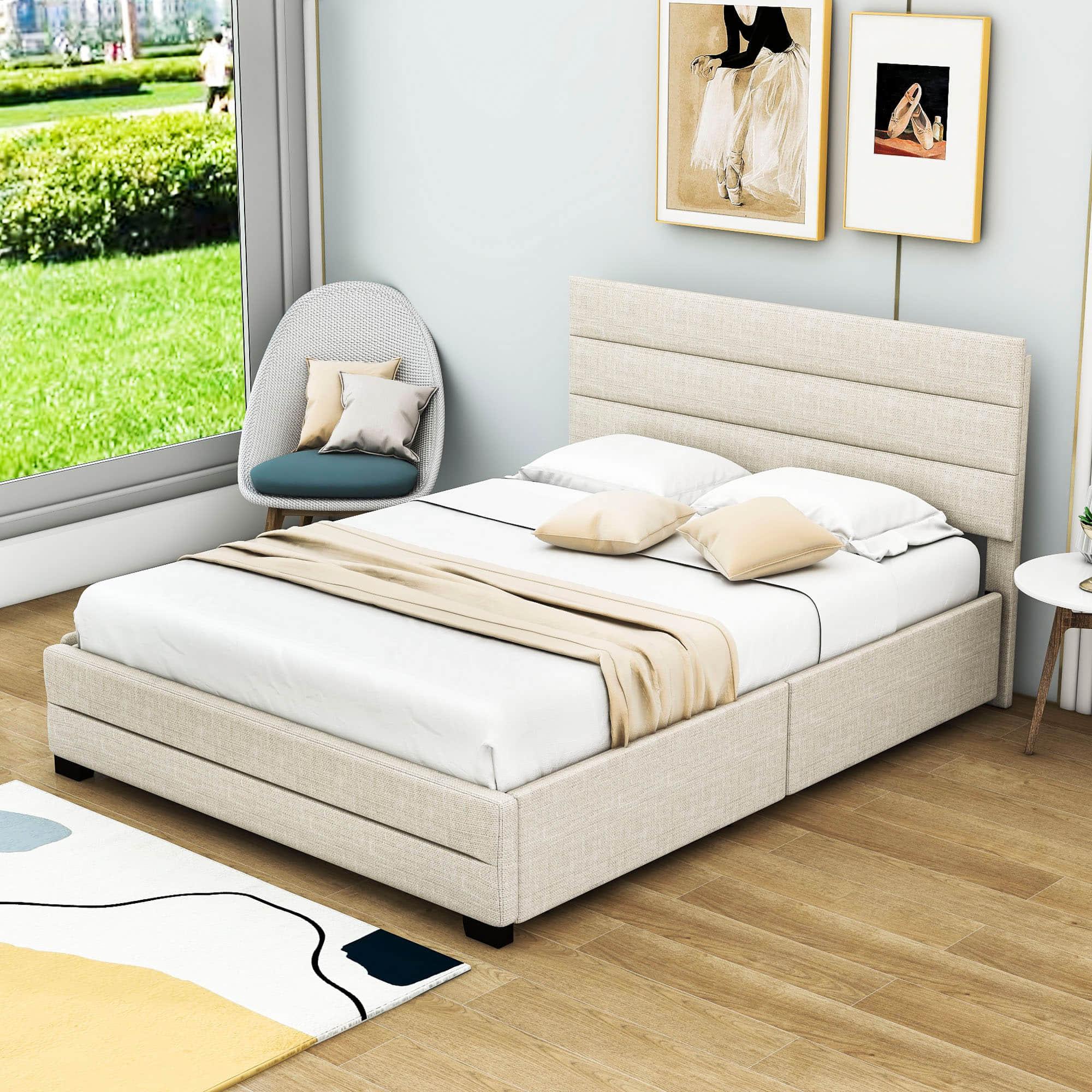 Queen Size Upholstered Platform Bed with Twin Trundle and Drawers - [Headboard]