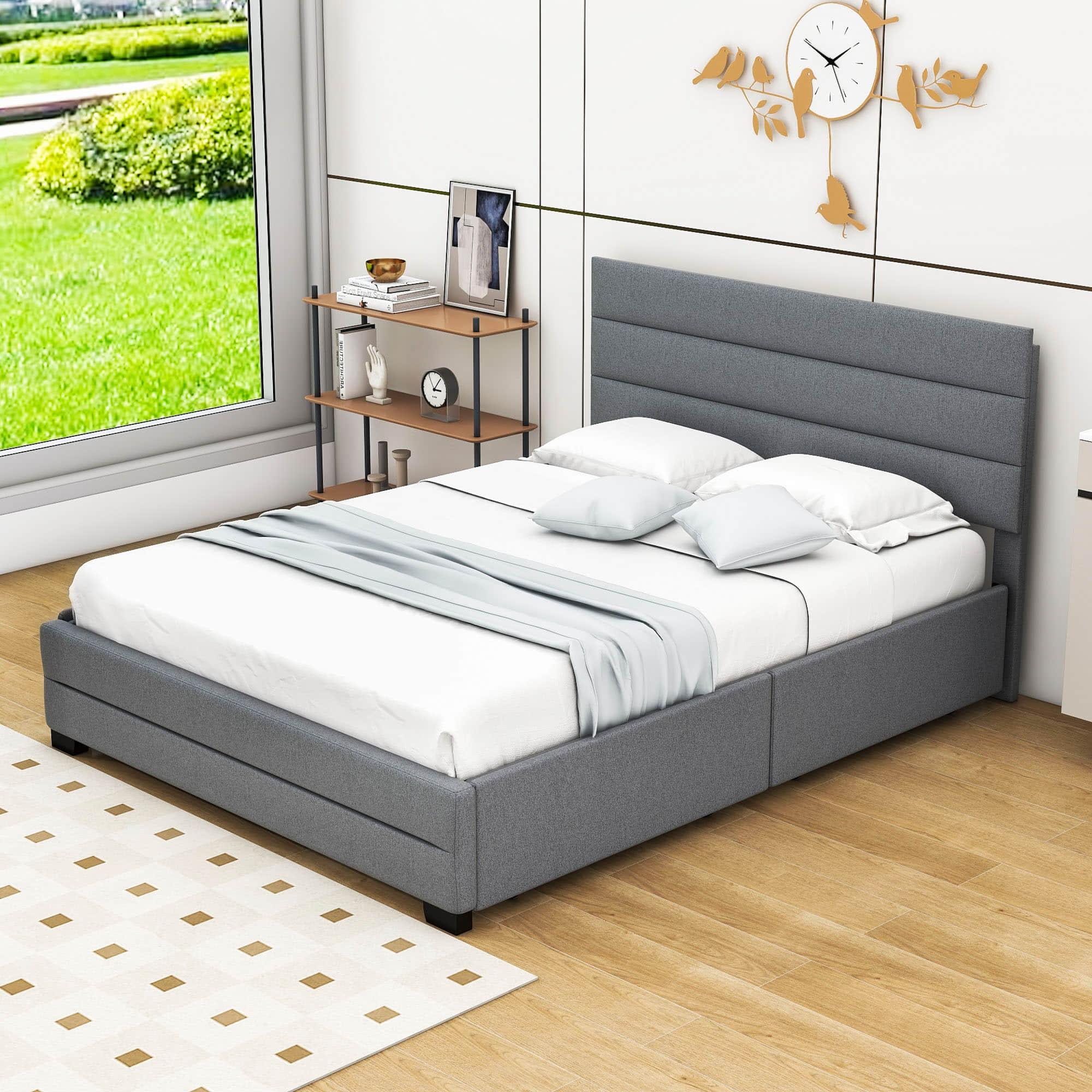 Queen Size Upholstered Platform Bed with Twin Trundle and Drawers - [Headboard]