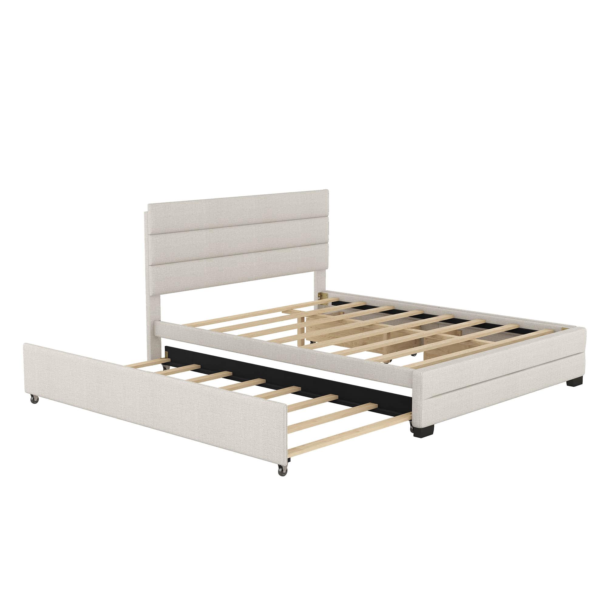 Queen Size Upholstered Platform Bed with Twin Trundle and Drawers - [Headboard]