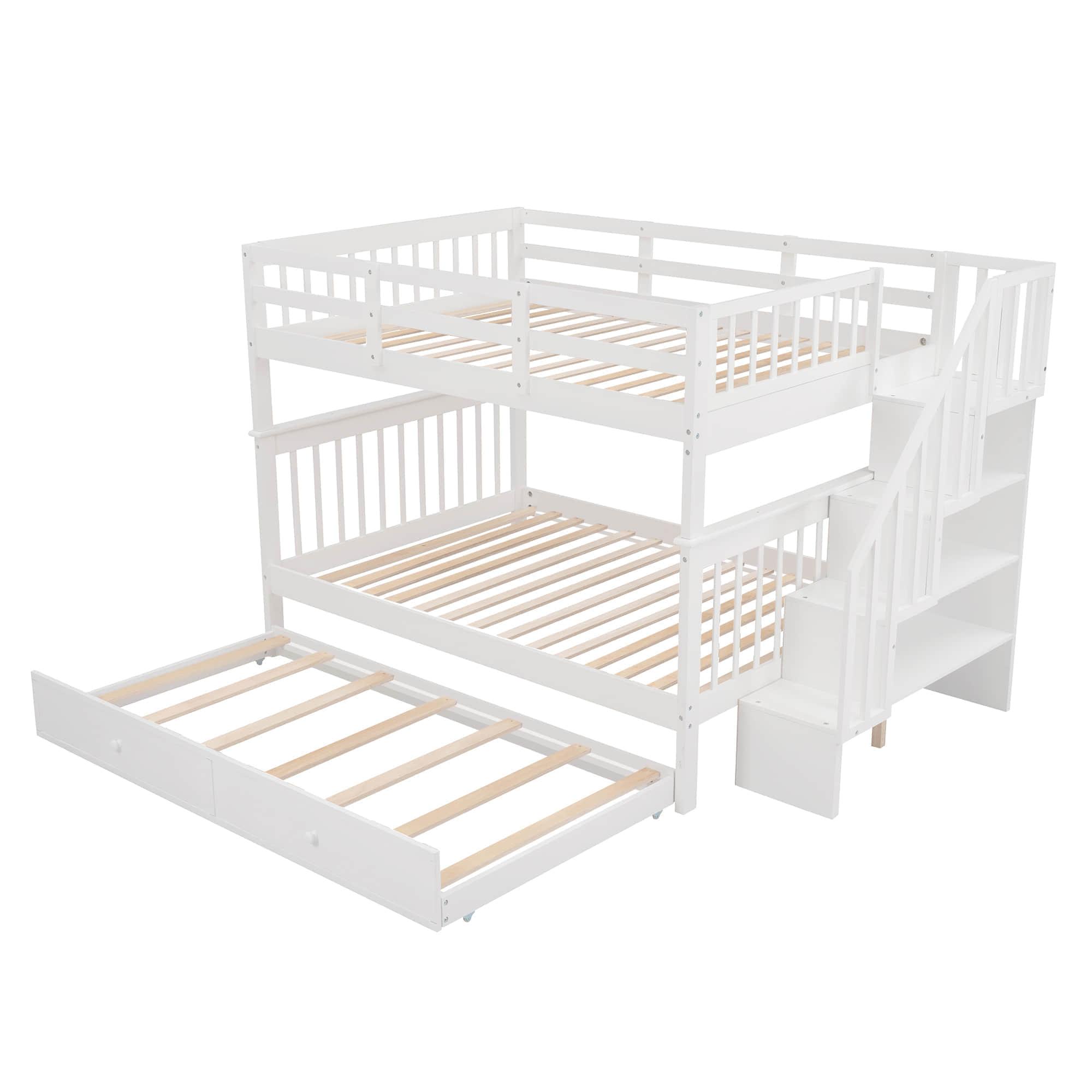 Wooden Full Over Full Bunk Beds with Trundle and Storage - [Stairs, Shelves, Detachable]