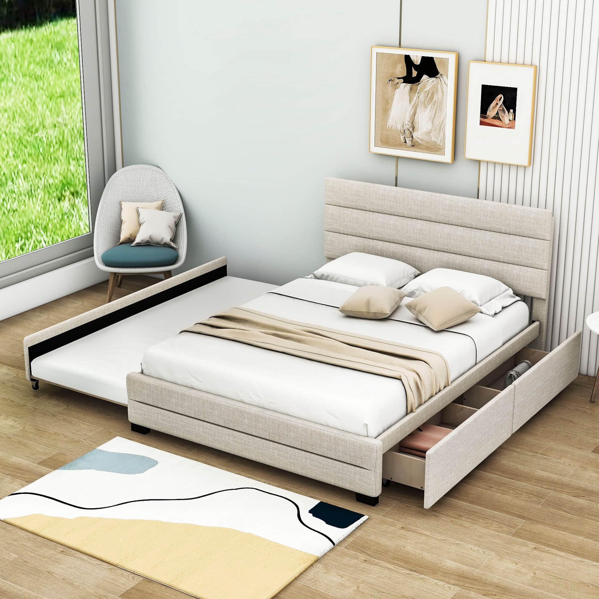 Queen Size Upholstered Platform Bed with Twin Trundle and Drawers - [Headboard]