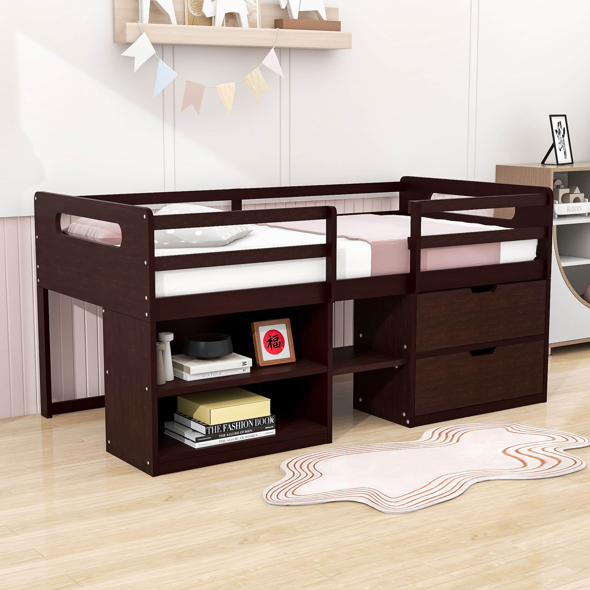 Modern Farmhouse Twin Low Montessori Loft Bed with Drawers and Shelves for Kids