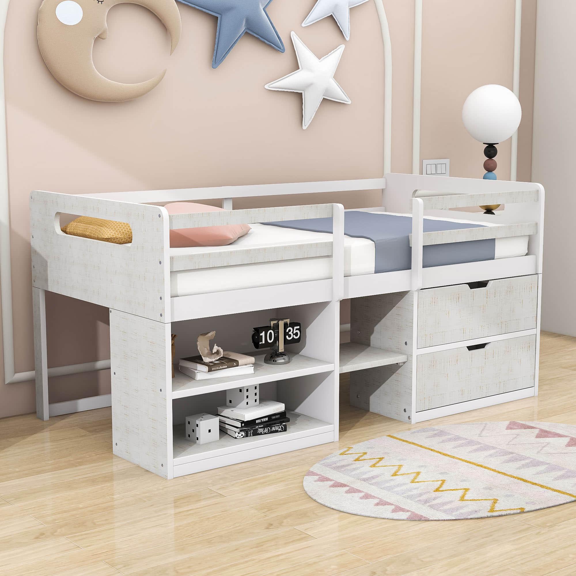 Modern Farmhouse Twin Low Montessori Loft Bed with Drawers and Shelves for Kids