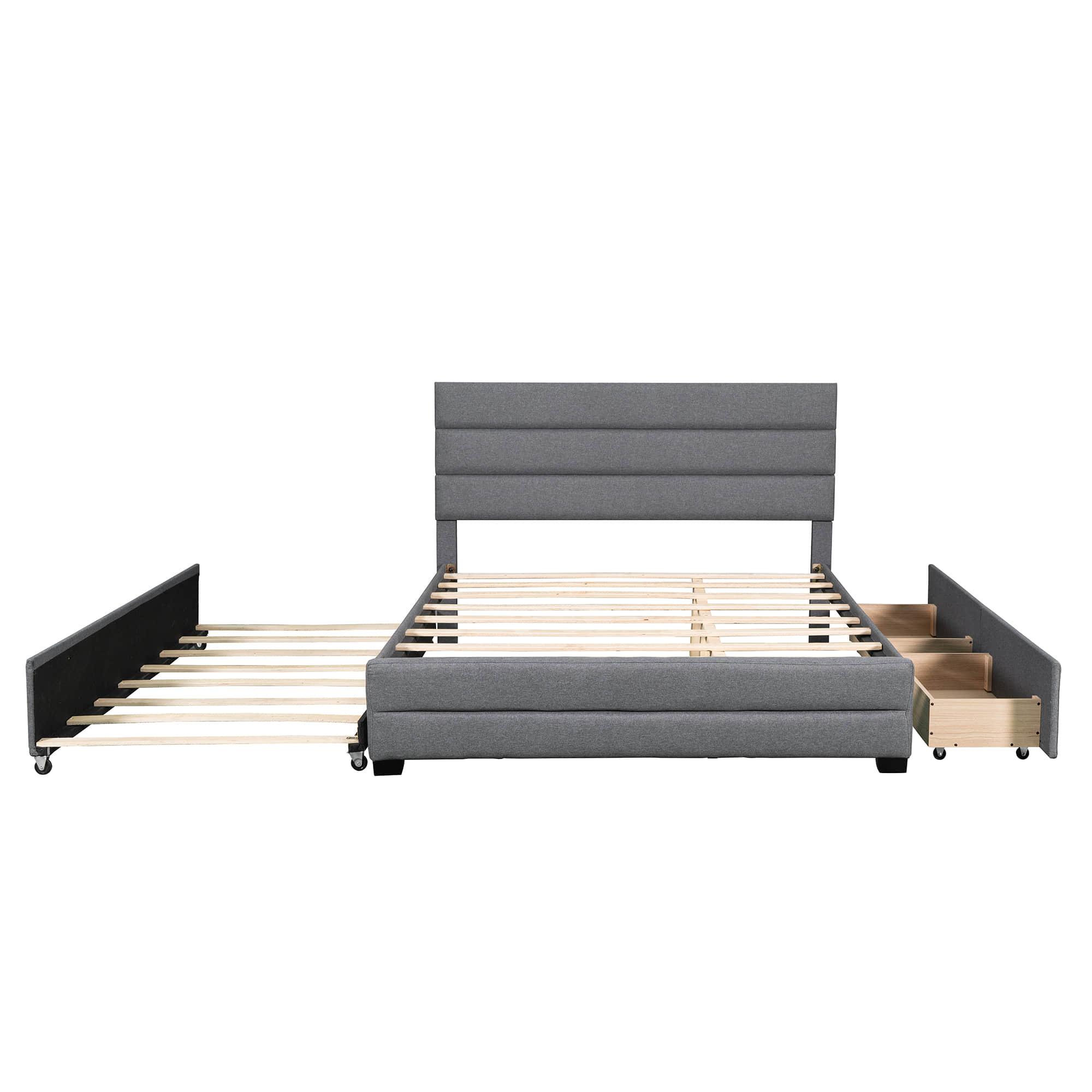 Queen Size Upholstered Platform Bed with Twin Trundle and Drawers - [Headboard]