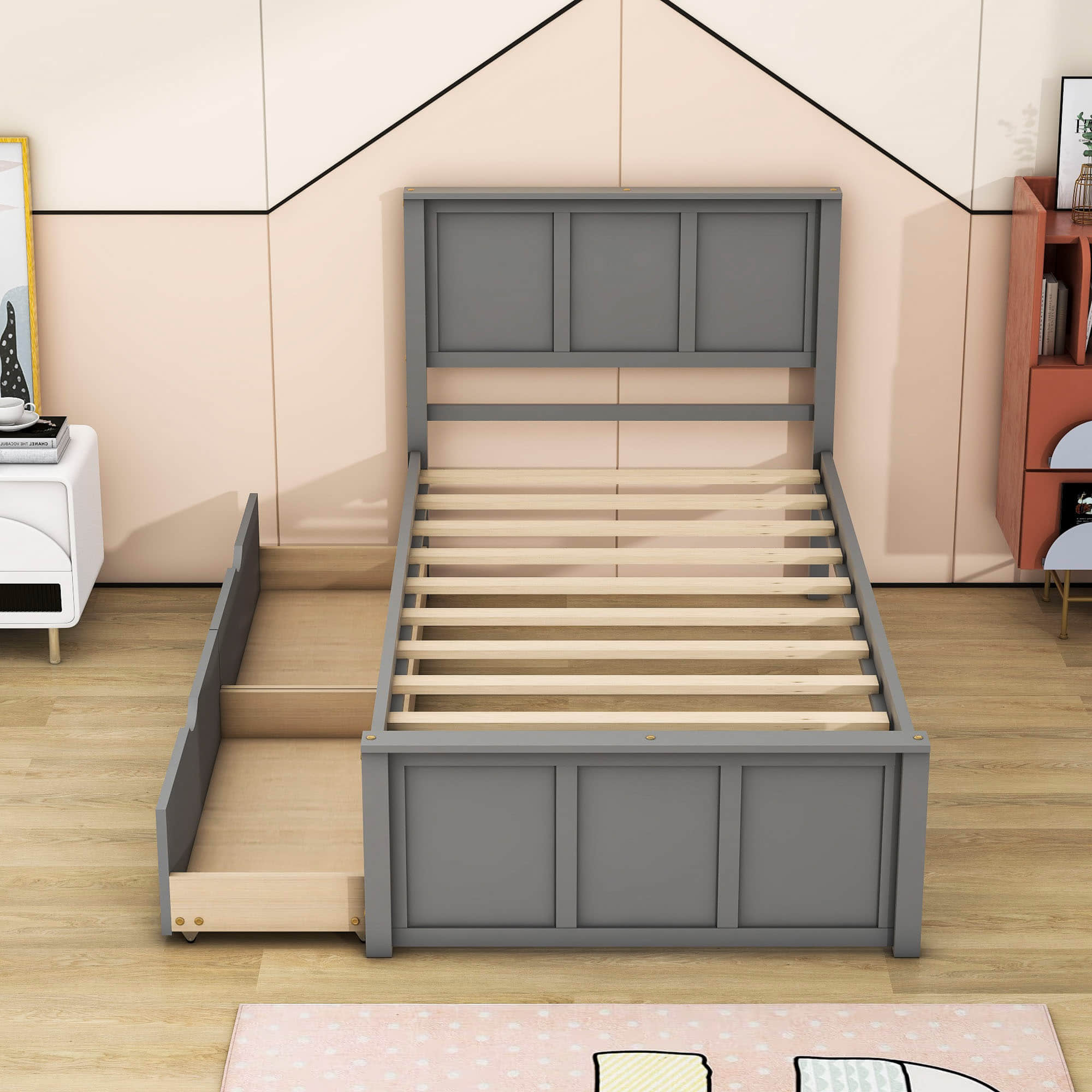 Twin Size Classic Platform Bed with Storage Drawers and Headboard