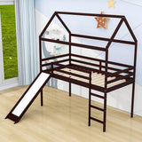 Wood Twin Medium House Loft Bed with Slide and Ladder