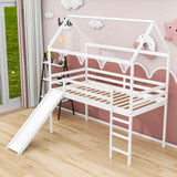 Wood Twin Medium House Loft Bed with Slide and Ladder