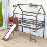 Wood Twin Medium House Loft Bed with Slide and Ladder