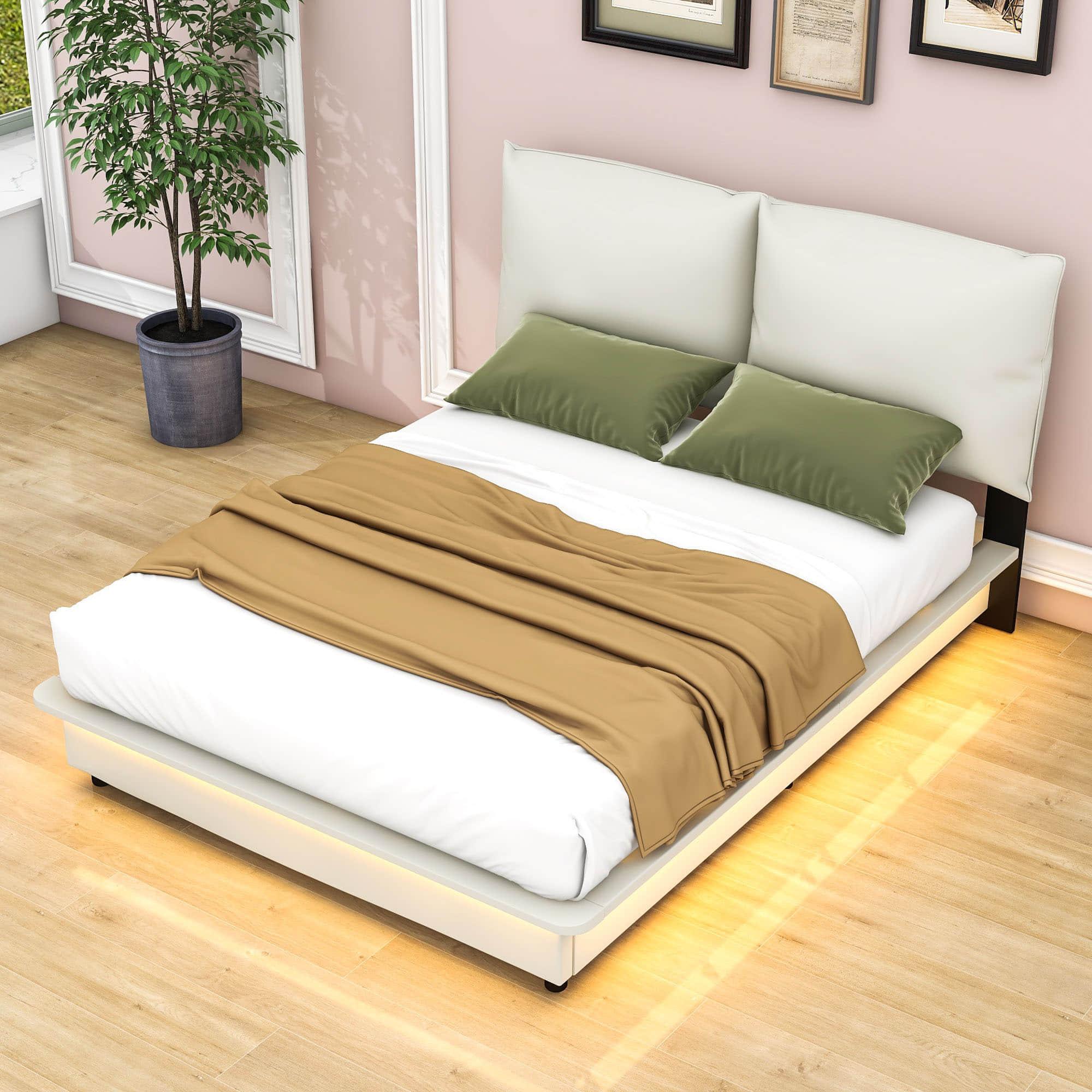 Modern Full Size Upholstered Platform Bed Frame with Headboard LED Lights