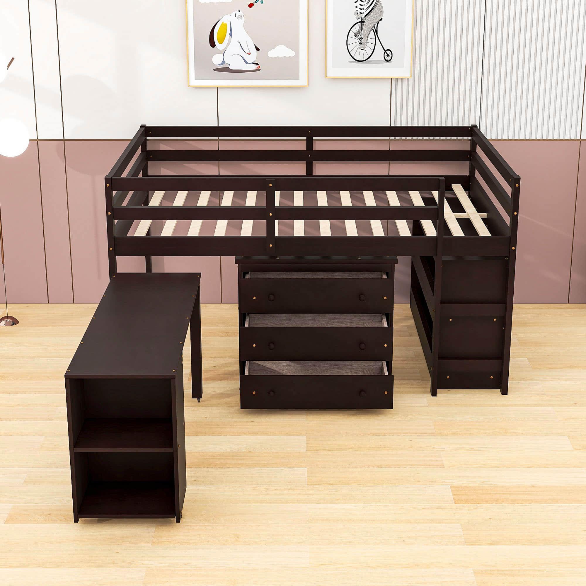 Montessori Full Low Loft Bed with Desk and Storage for Kids - [Shelves, Dresser, Drawers, Ladder, Wood]