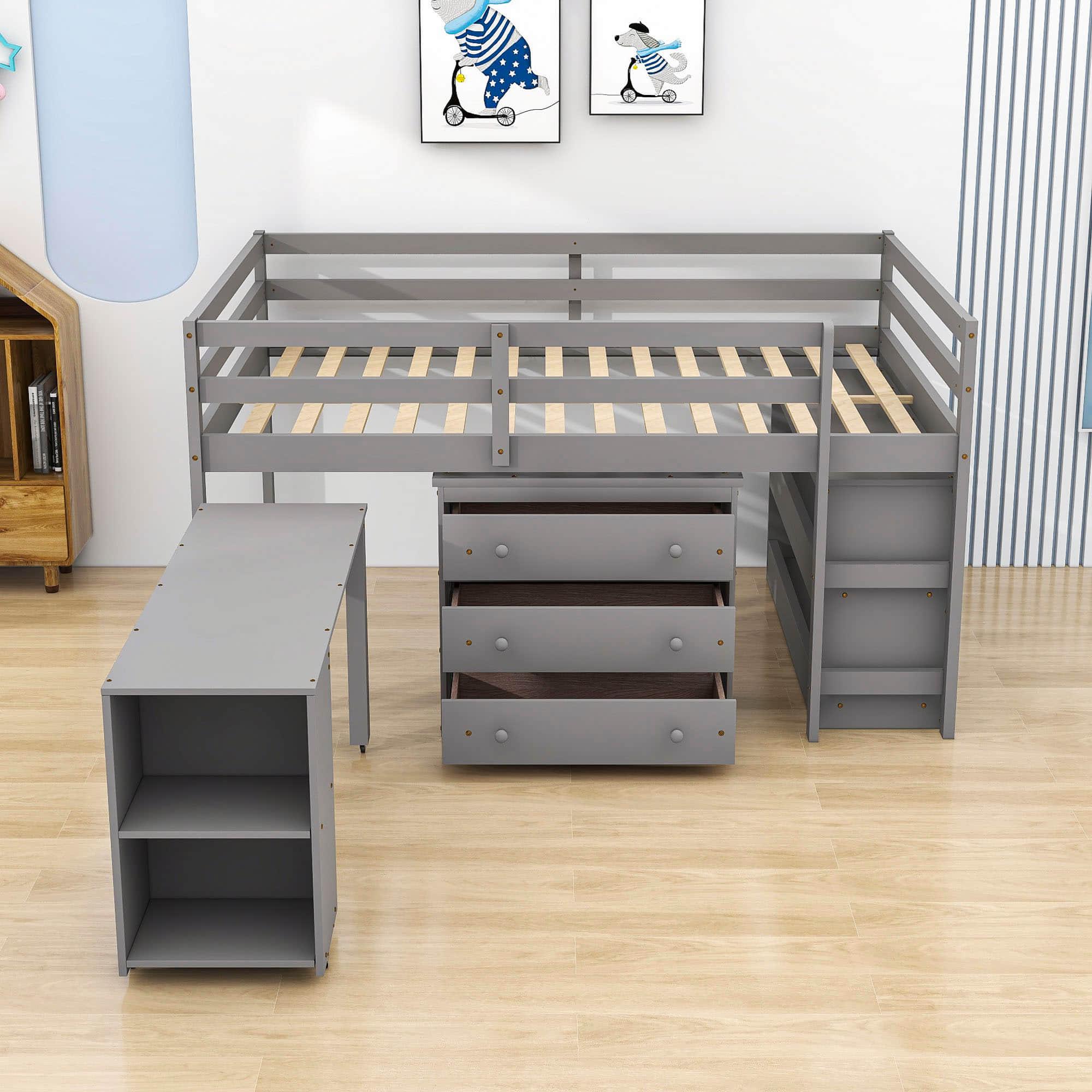 Montessori Full Low Loft Bed with Desk and Storage for Kids - [Shelves, Dresser, Drawers, Ladder, Wood]