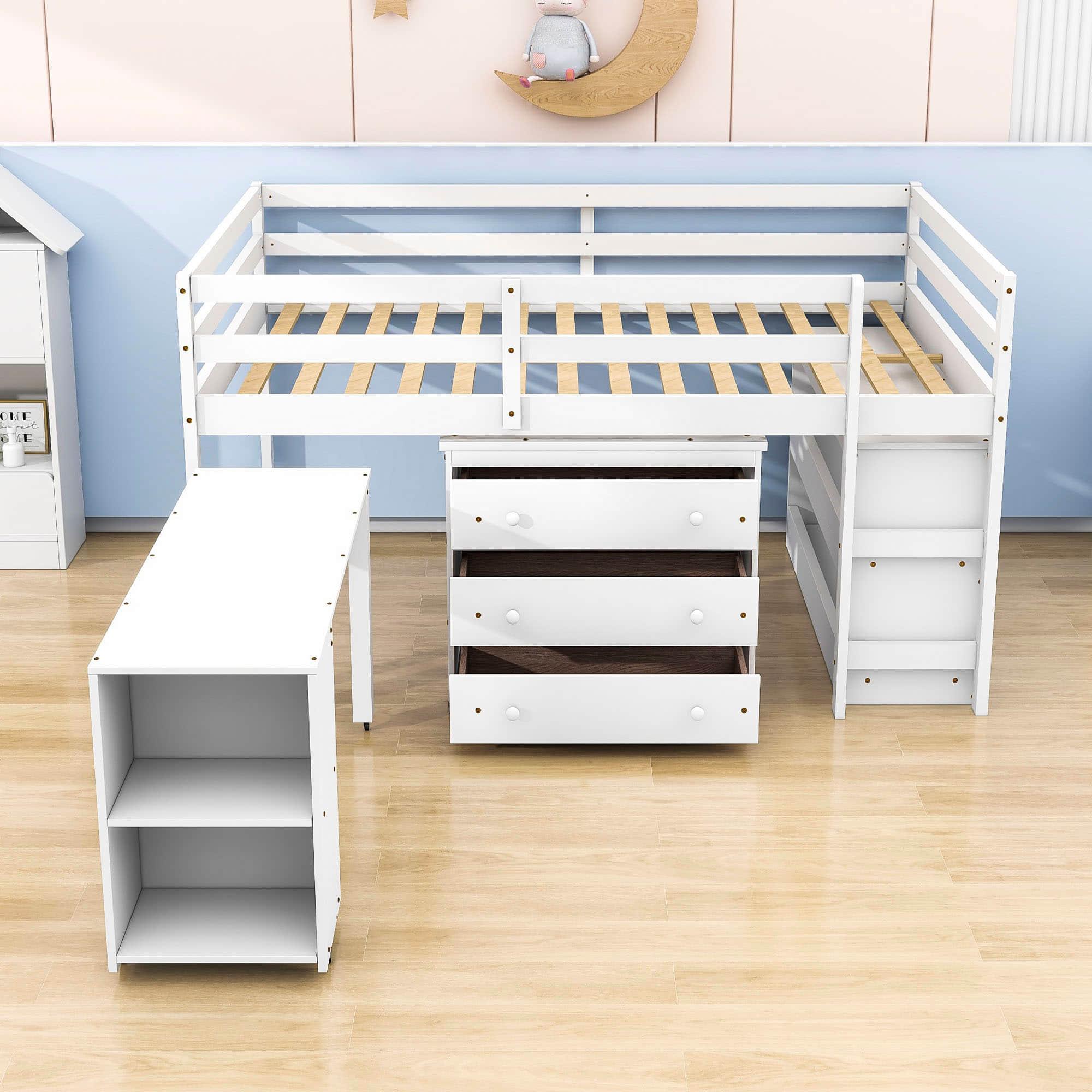 Montessori Full Low Loft Bed with Desk and Storage for Kids - [Shelves, Dresser, Drawers, Ladder, Wood]