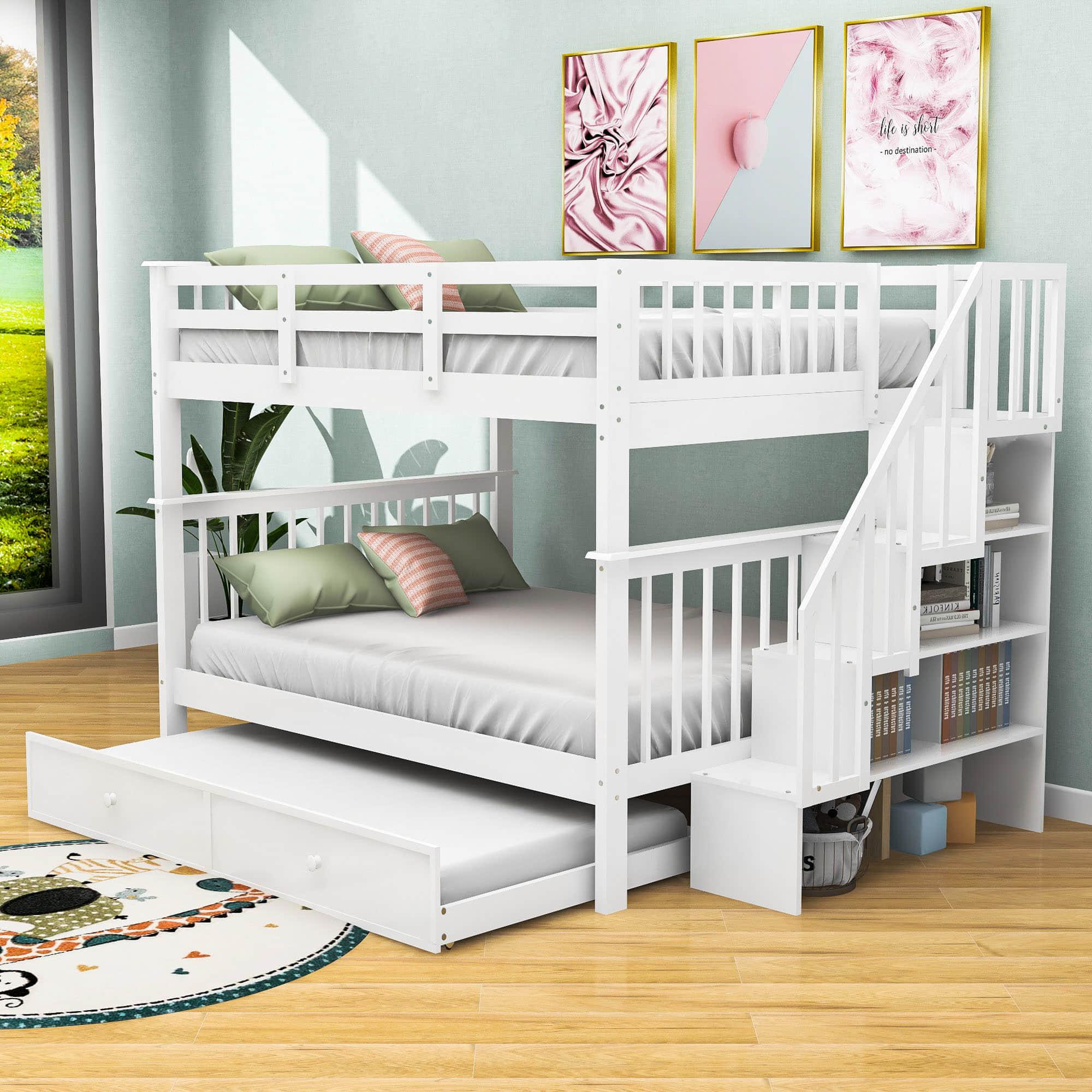 Wooden Full Over Full Bunk Beds with Trundle and Storage - [Stairs, Shelves, Detachable]