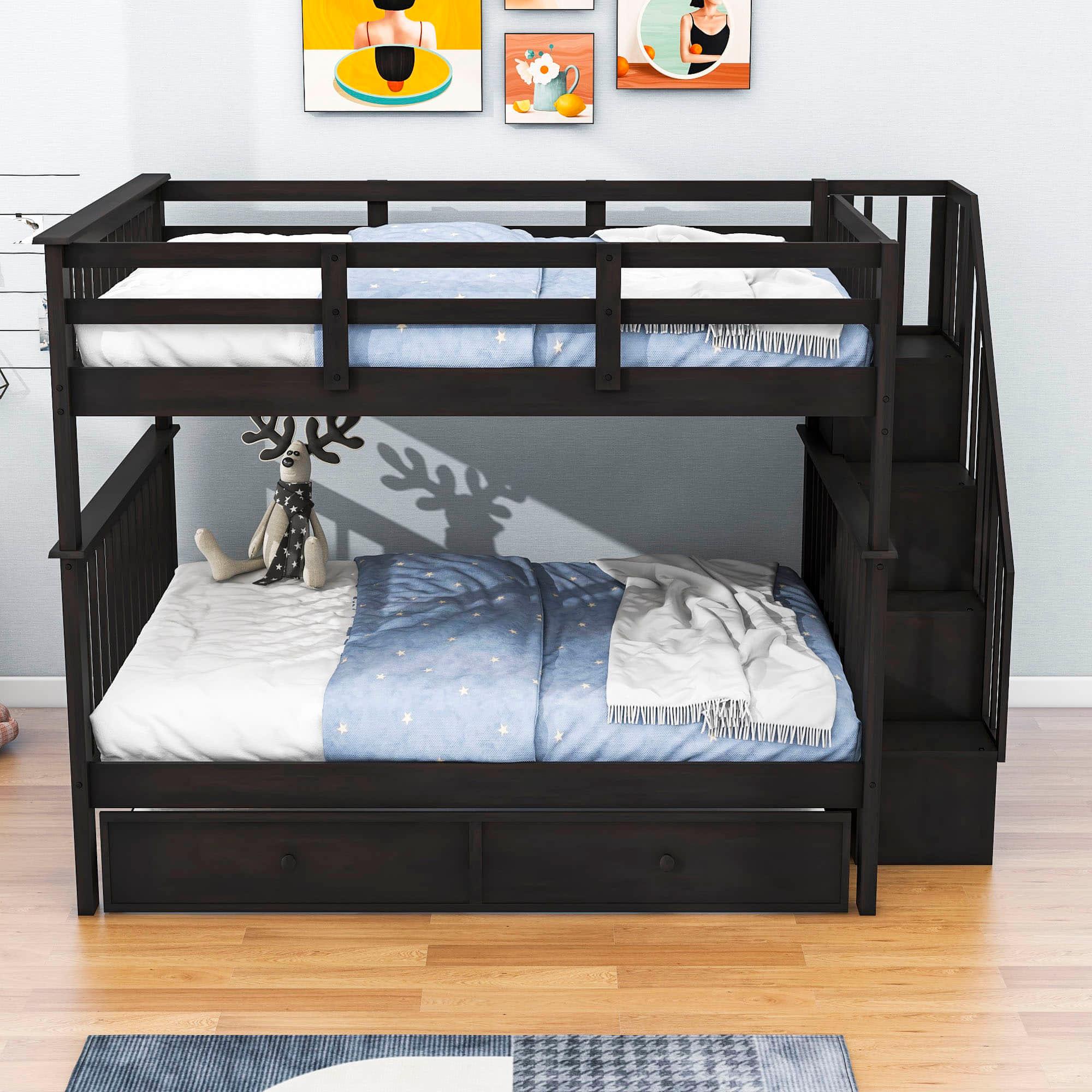 Wooden Full Over Full Bunk Beds with Trundle and Storage - [Stairs, Shelves, Detachable]