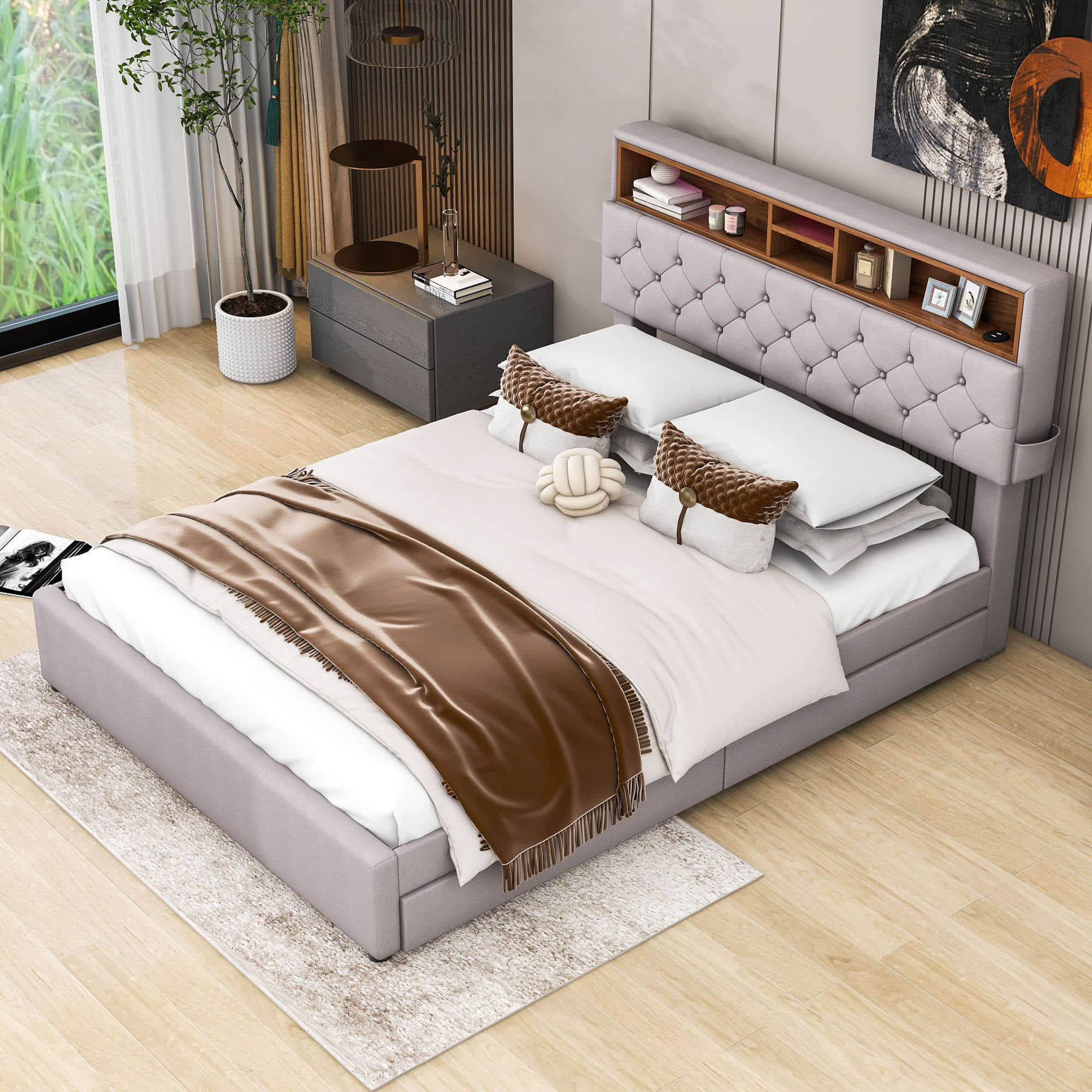 Modern Smart Queen Upholstered Bed Frame with Storage Headboard, LED Lights