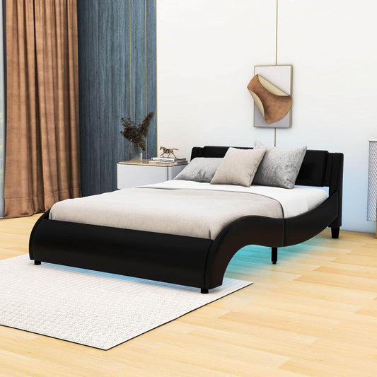 Modern Queen Upholstered Platform Bed Frame with Headboard and Lights