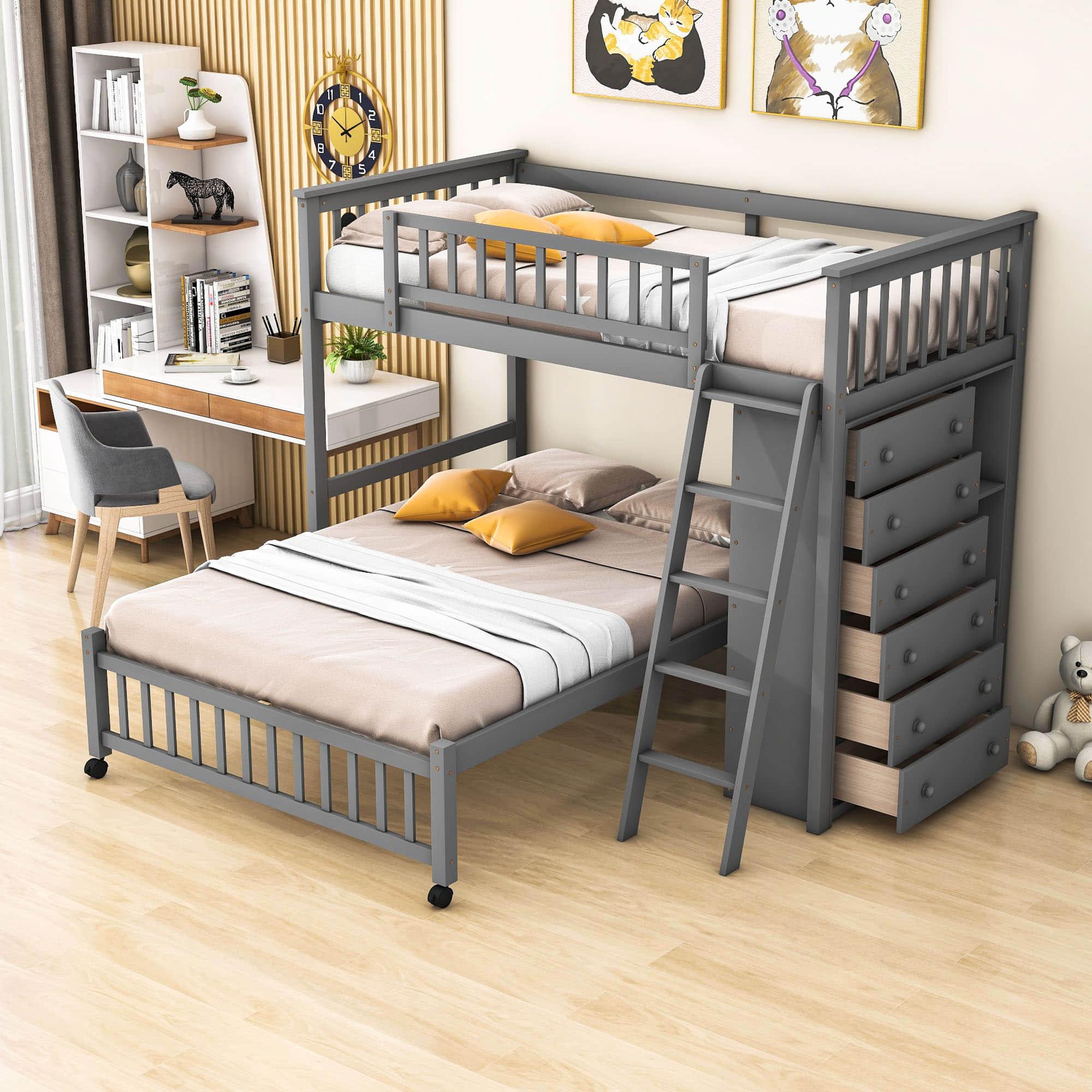 Wooden L-Shaped Twin Over Full Adult Bunk Beds with Storage - [Drawers]