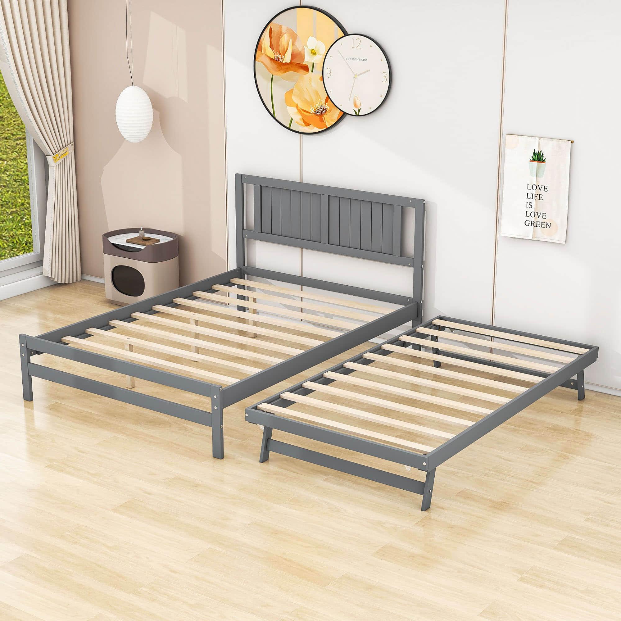 Full Size Platform Bed with Pop Up Trundle and Headboard - [Wood]