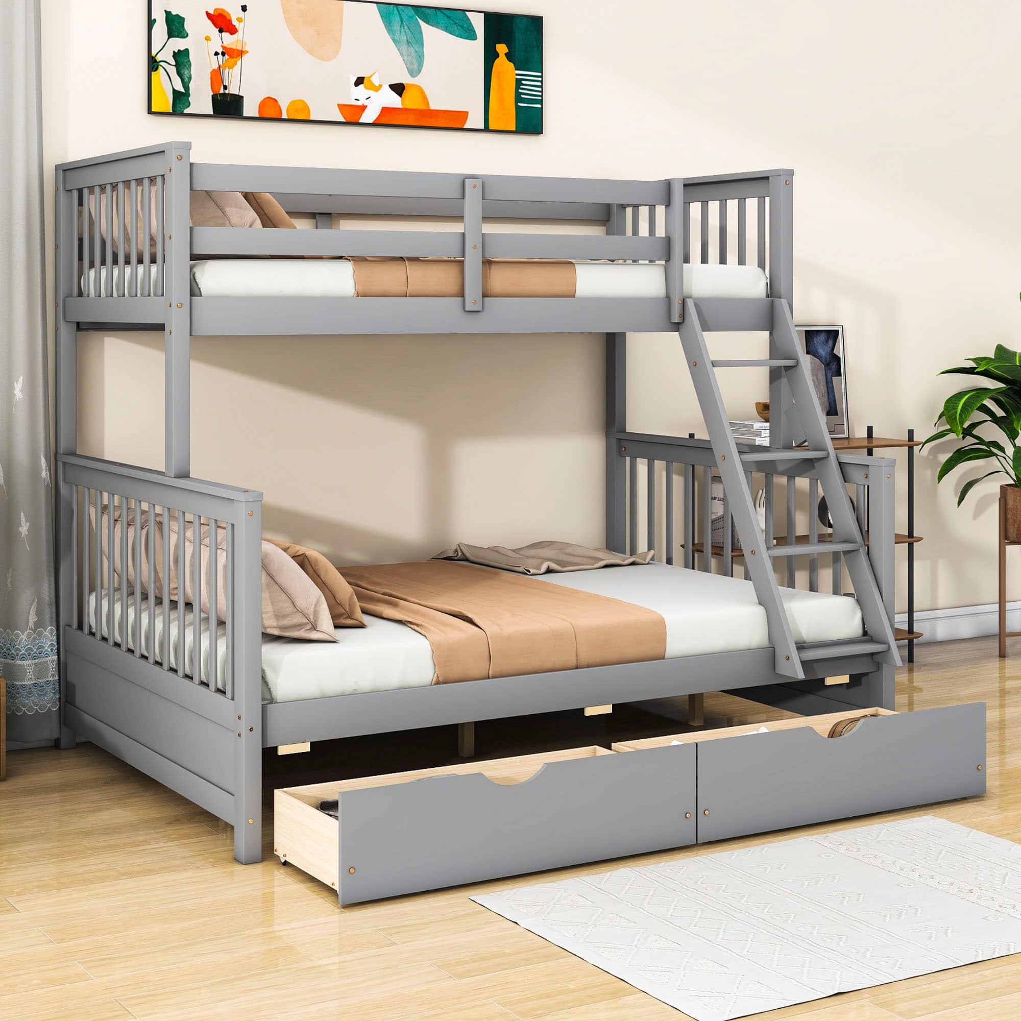 Wooden Classic Twin Over Full Bunk Bed with Ladder and Storage Drawers