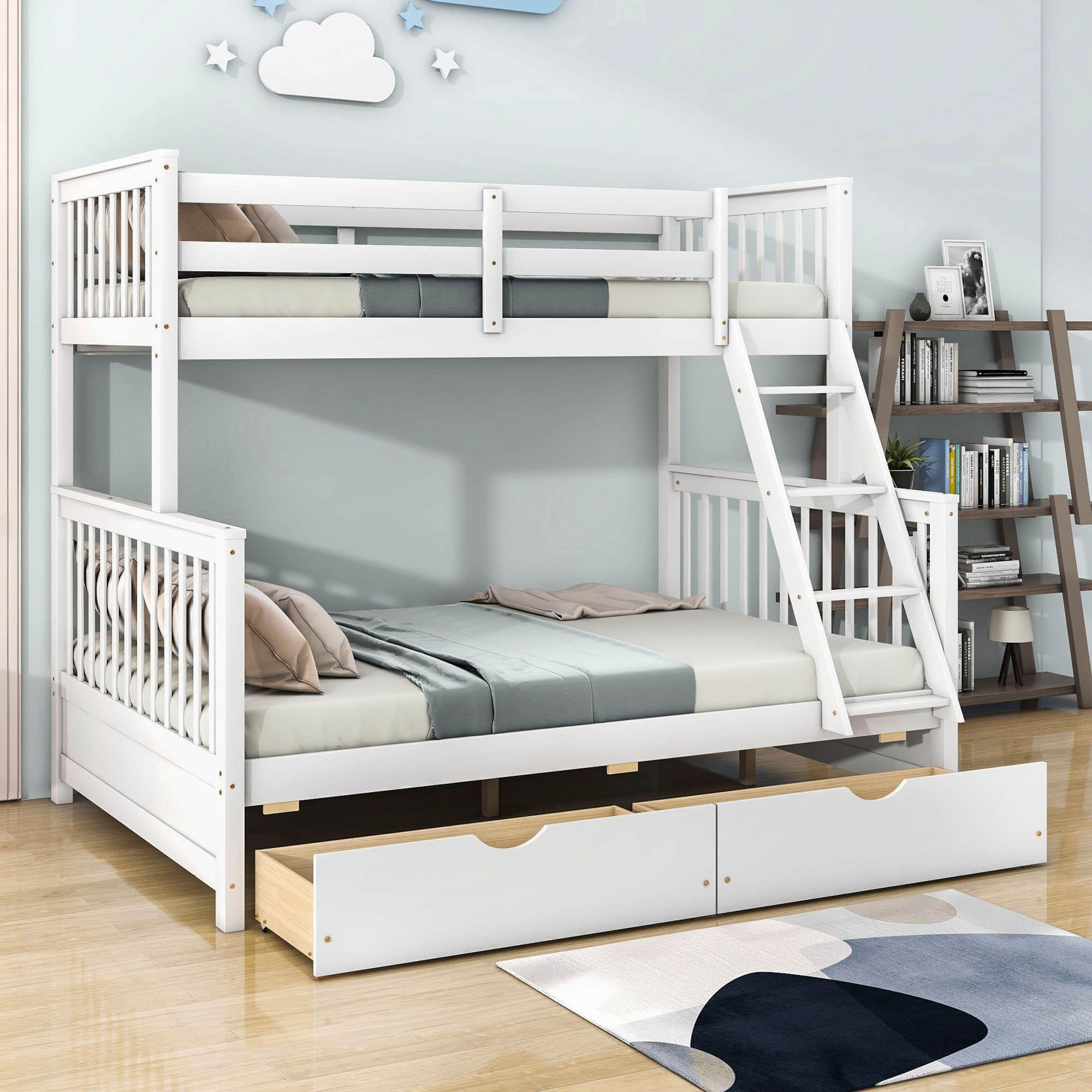 Wooden Classic Twin Over Full Bunk Bed with Ladder and Storage Drawers