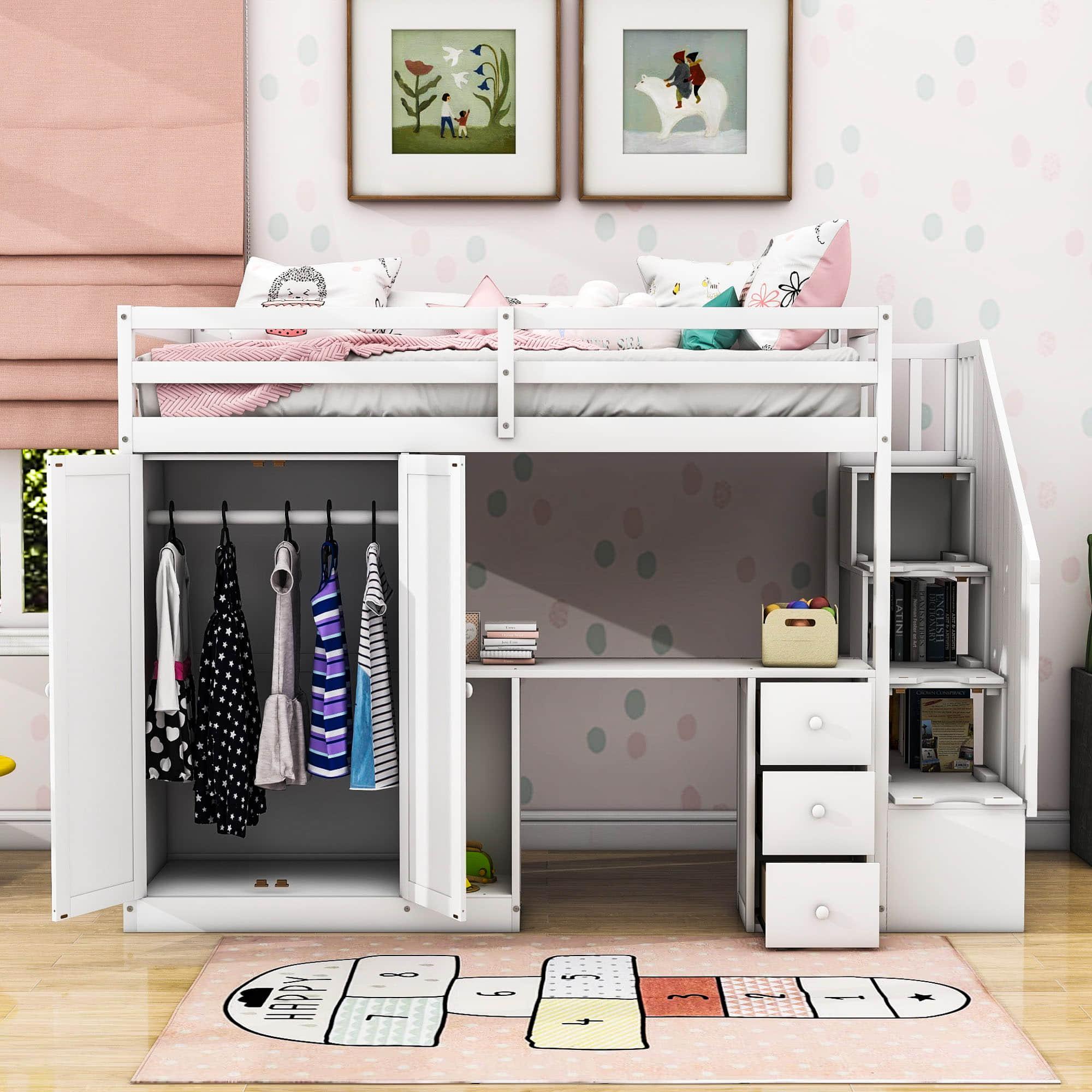 Twin Loft Bed with Desk and Storage Stairs, Drawers - [Wood, Wardrobe, Shelves]