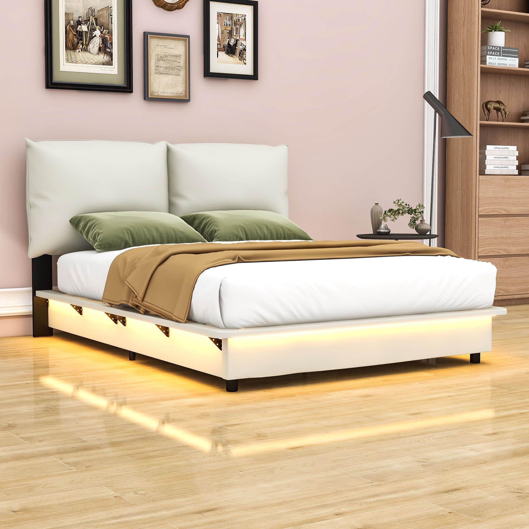 Modern Full Size Upholstered Platform Bed Frame with Headboard LED Lights