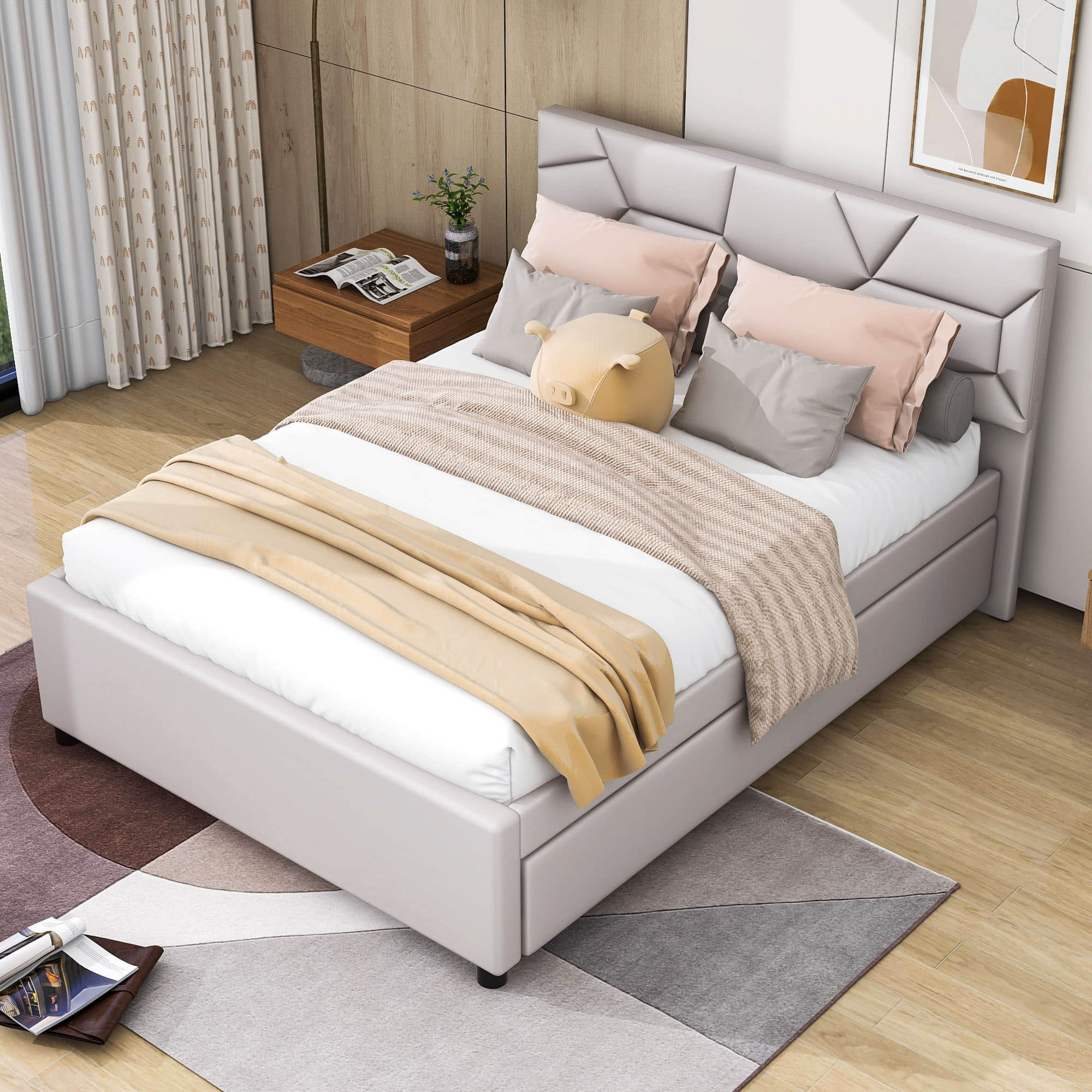 Full Upholstered Platform Bed Frame with Headboard, Twin Trundle Bed