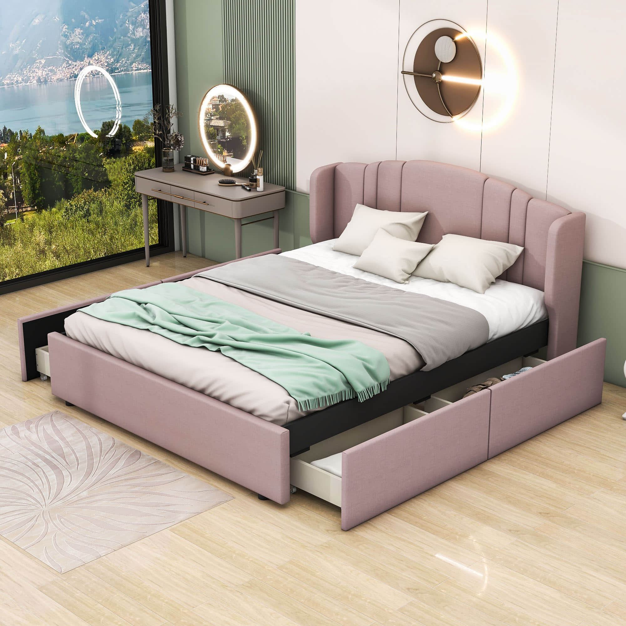 Queen Modern Upholstered Bed Frame with Headboard and Storage