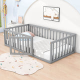 Wood Twin Size Montessori Toddler Floor Bed Frame with Rails and Door