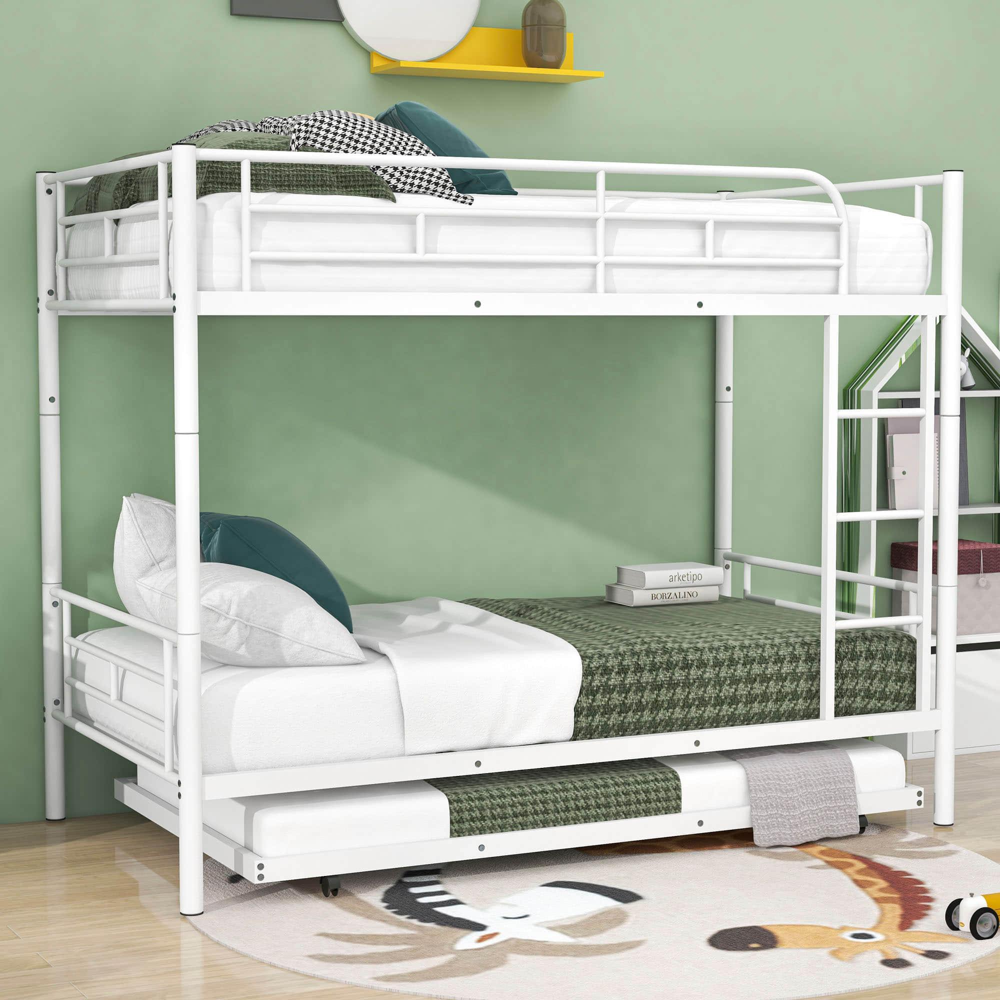 Twin Over Twin Classic Metal Bunk Bed with Trundle - [Detachable, Ladder]