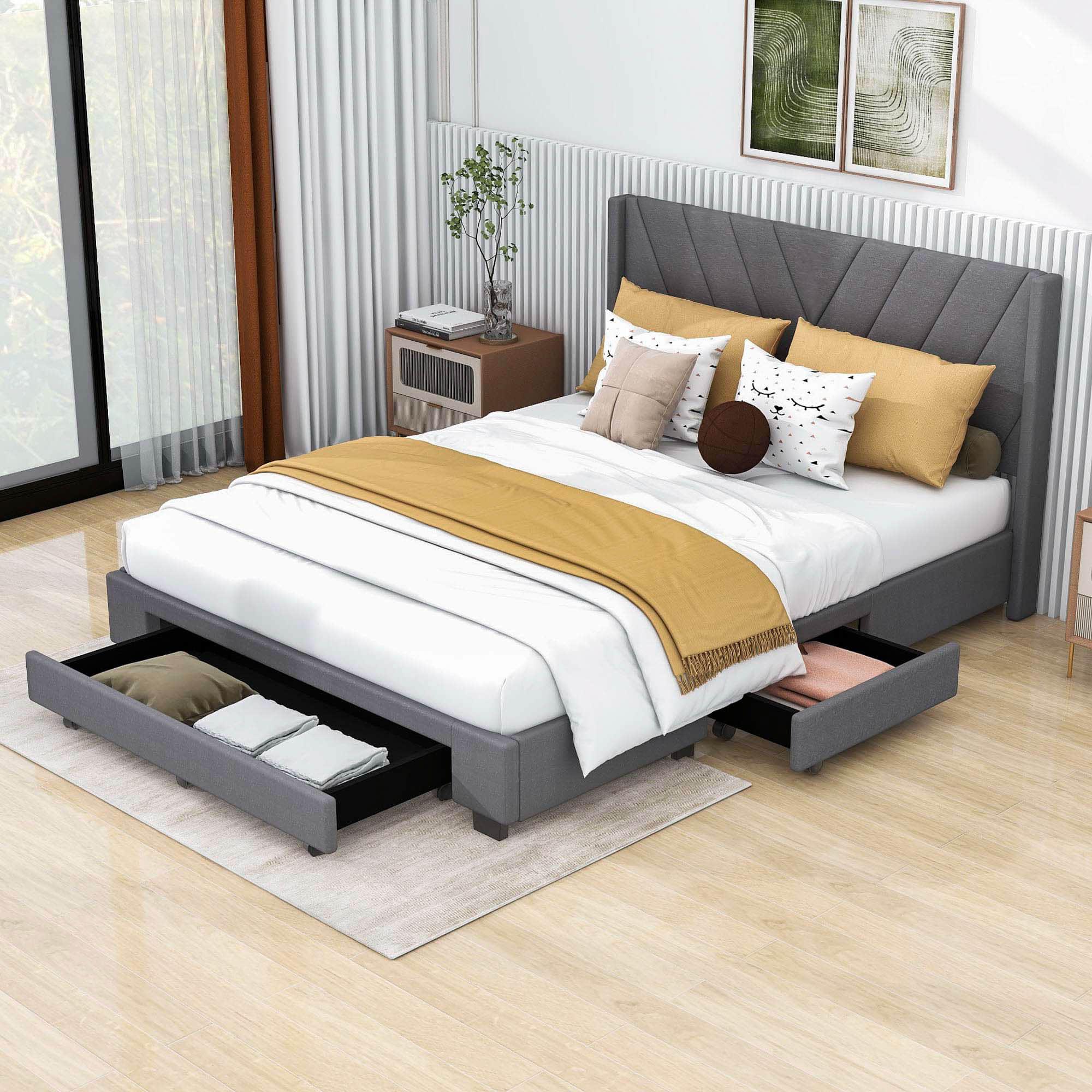 Queen Size Upholstered Platform Bed with Storage and Headboard - [Drawers, Linen]