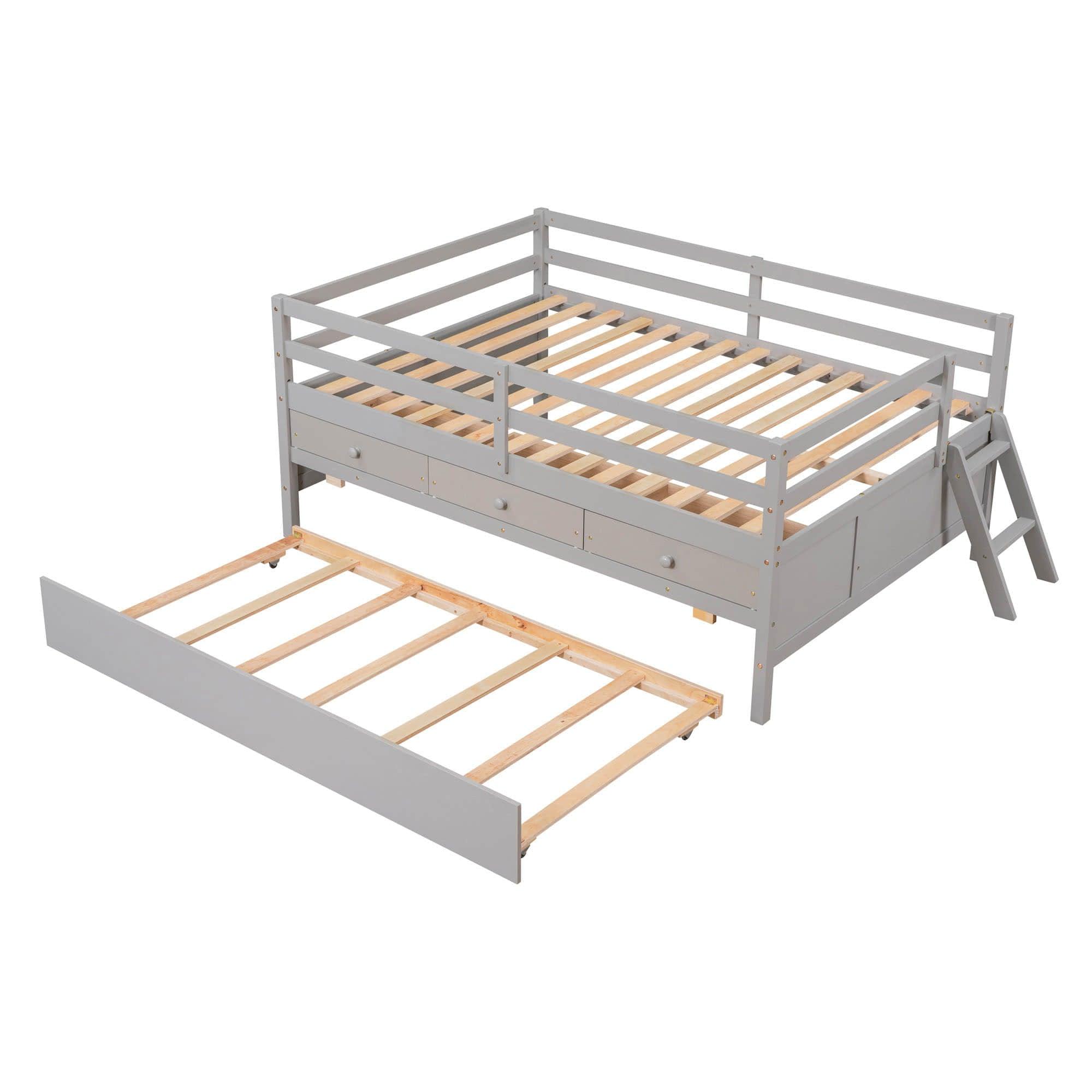 Solid Wood Low Full Size Kids Bed with Trundle and Storage - [Drawers, Rails]