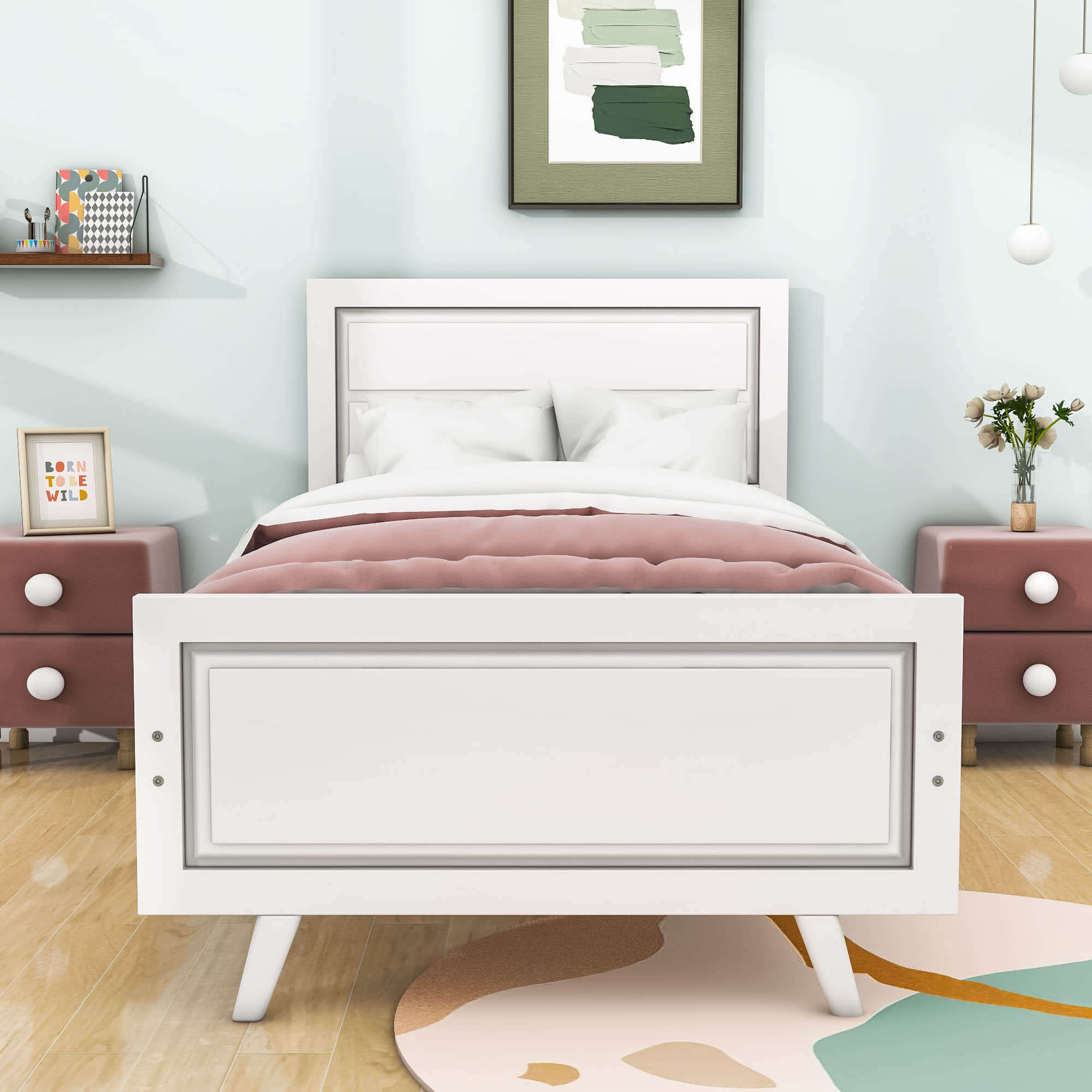 Wood Twin Platform Girls Bed Frame with Headboard and Footboard