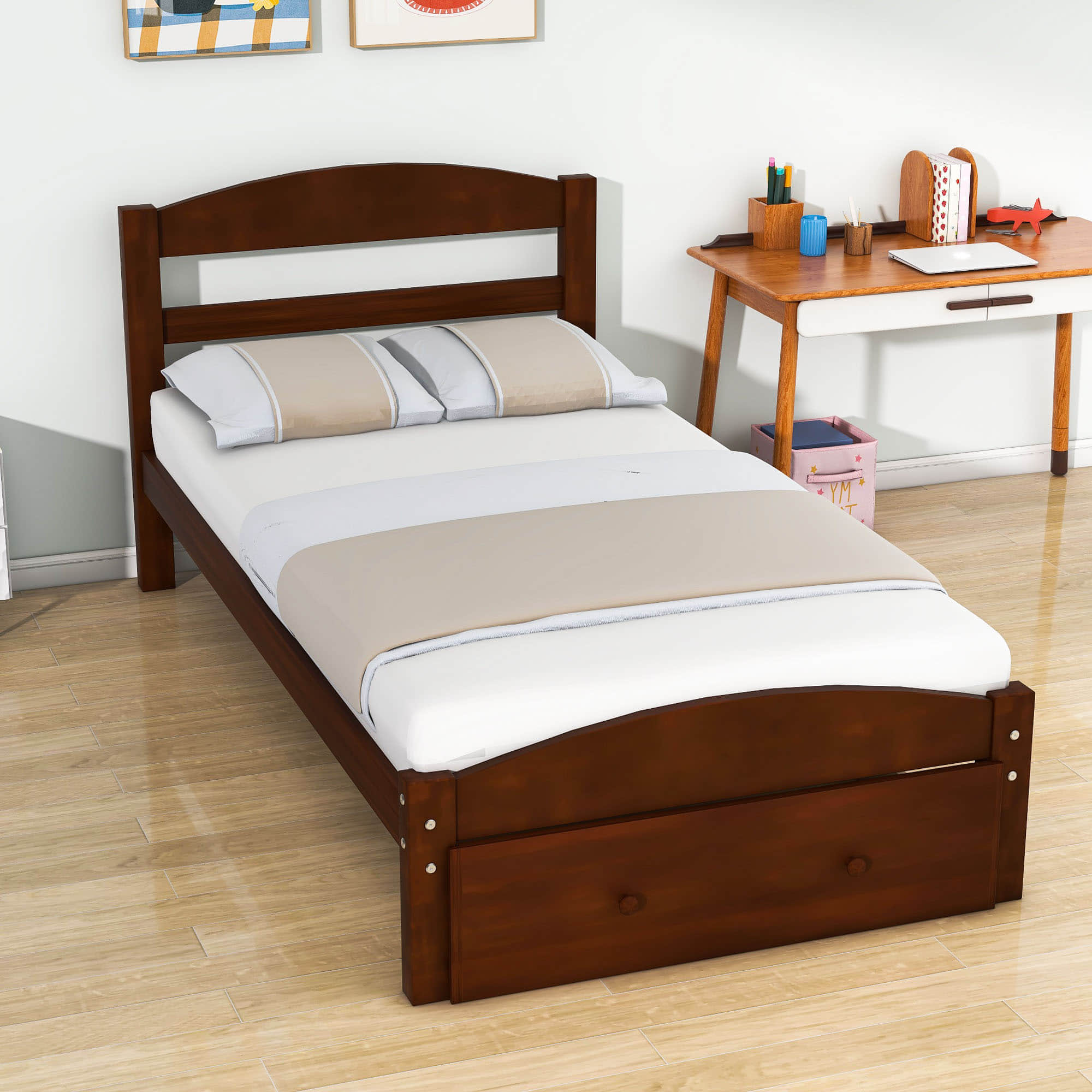 Wood Twin Bed Frame with Headboard and Storage Kids Bedroom Furniture