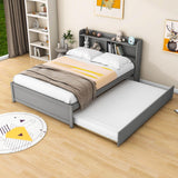 Wooden Full Size Platform Bed with Twin Trundle Bed and Storage Headboard - [Shelves]