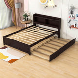 Wooden Full Size Platform Bed with Twin Trundle Bed and Storage Headboard - [Shelves]