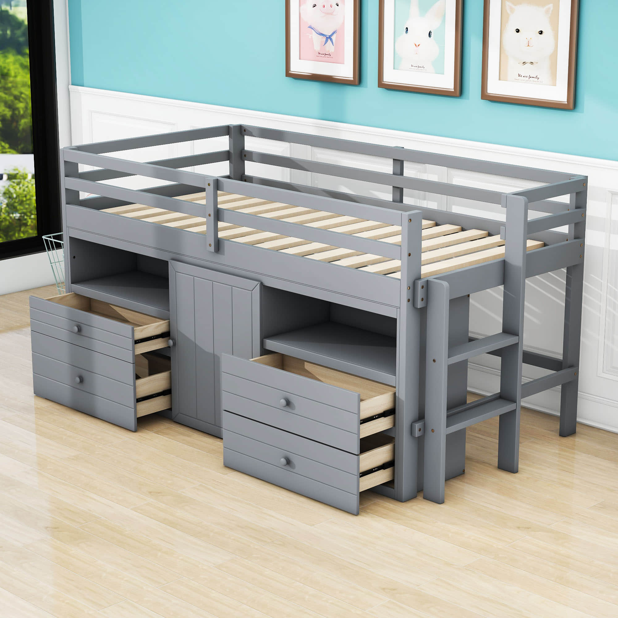 Low Twin Loft Bed Frame with Storage for Kids - [Drawers, Cabinet, Shelves]