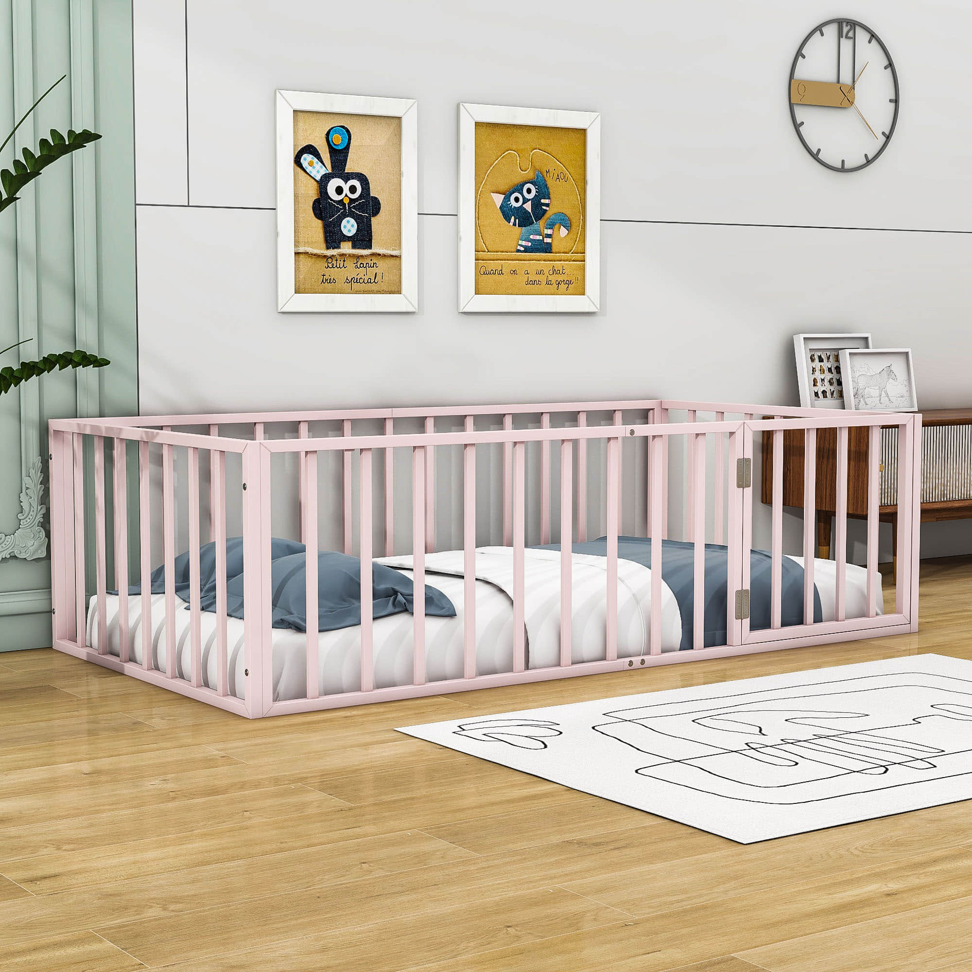 Montessori Twin Metal Toddler Floor Bed with Rails for Kids